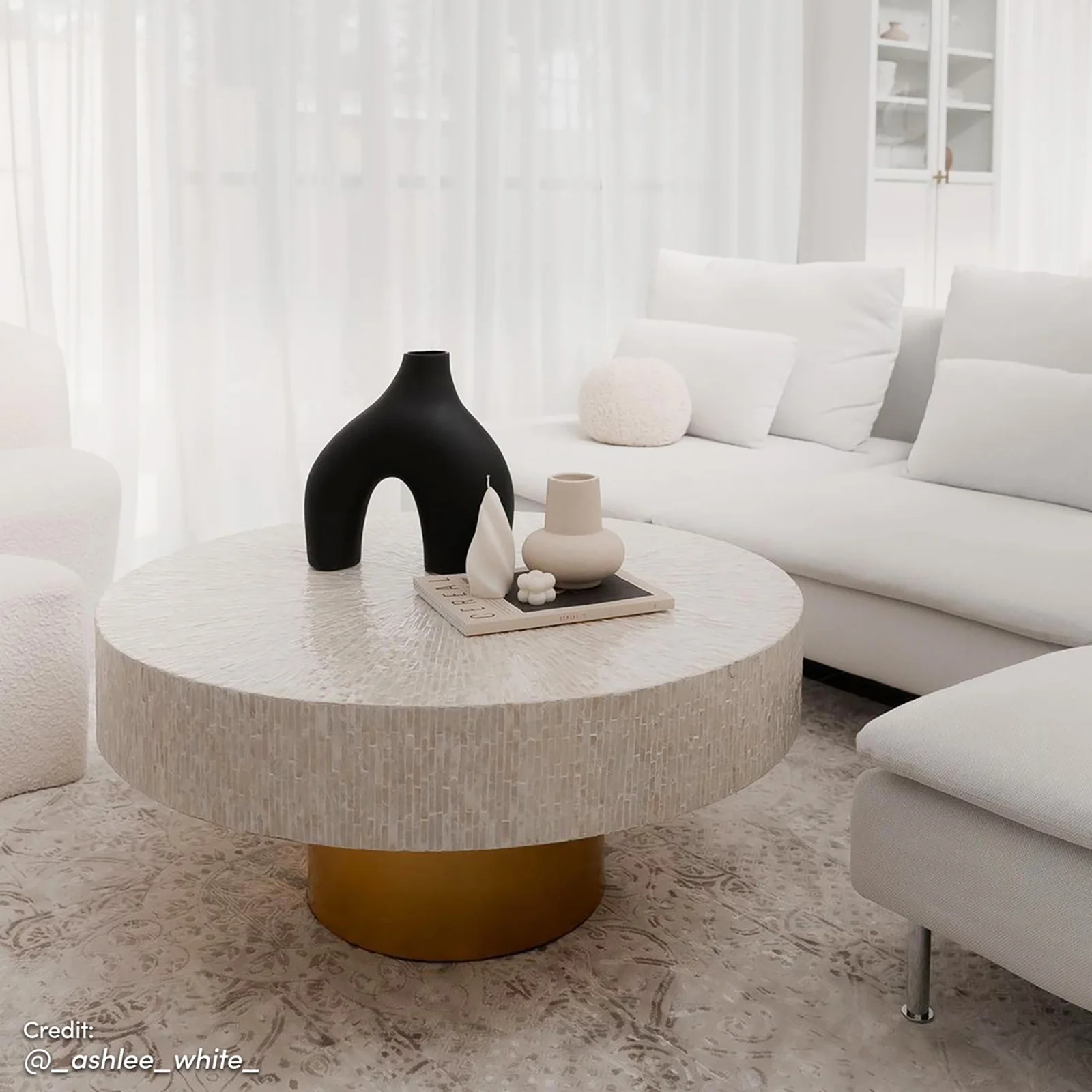 Abelene Round Mother of Pearl Inlay Coffee Table in Cream - Image 6