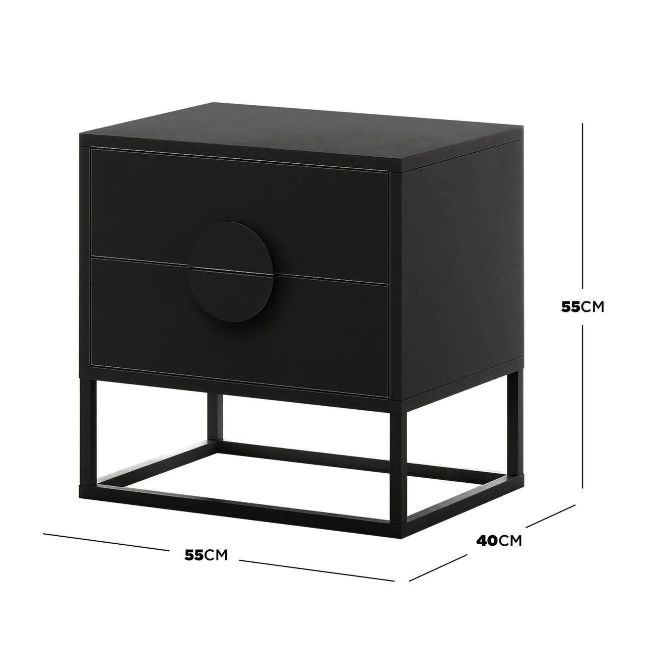 Abigail 55cm 2 Drawer Bedside Table with Handle in Black - Image 3