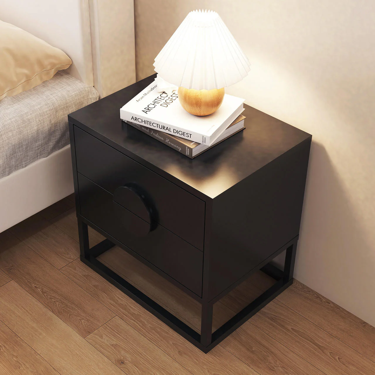 Abigail 55cm 2 Drawer Bedside Table with Handle in Black - Image 5
