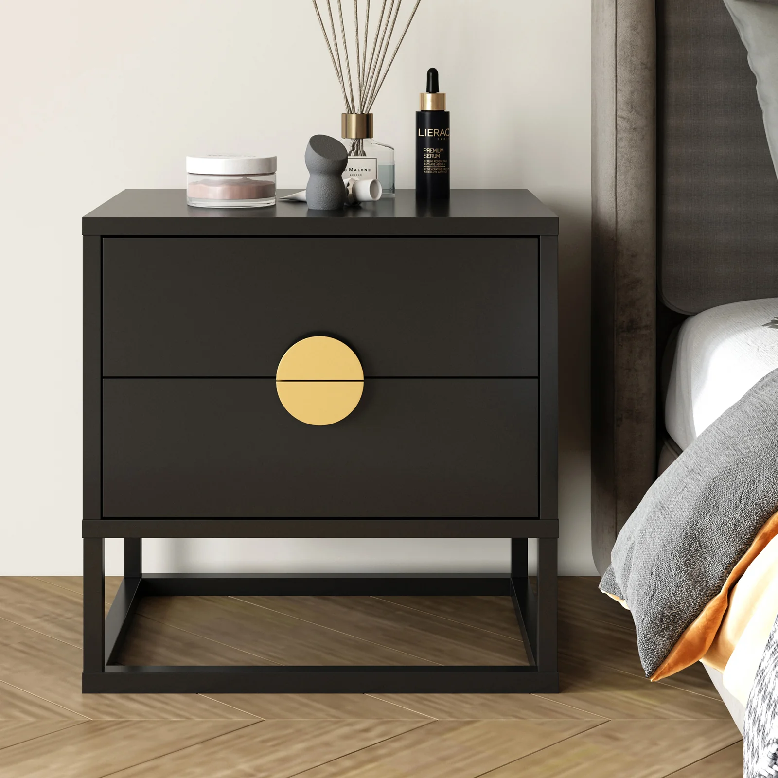 Abigail 55cm Bedside Table with Round Gold Handles in Black - Image 4
