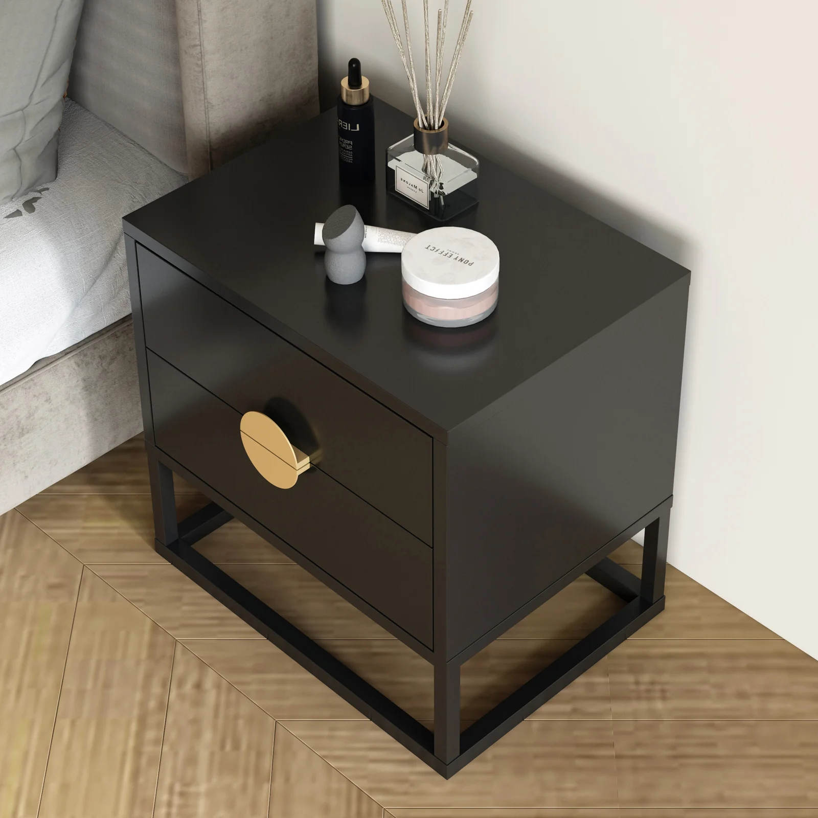 Abigail 55cm Bedside Table with Round Gold Handles in Black - Image 5