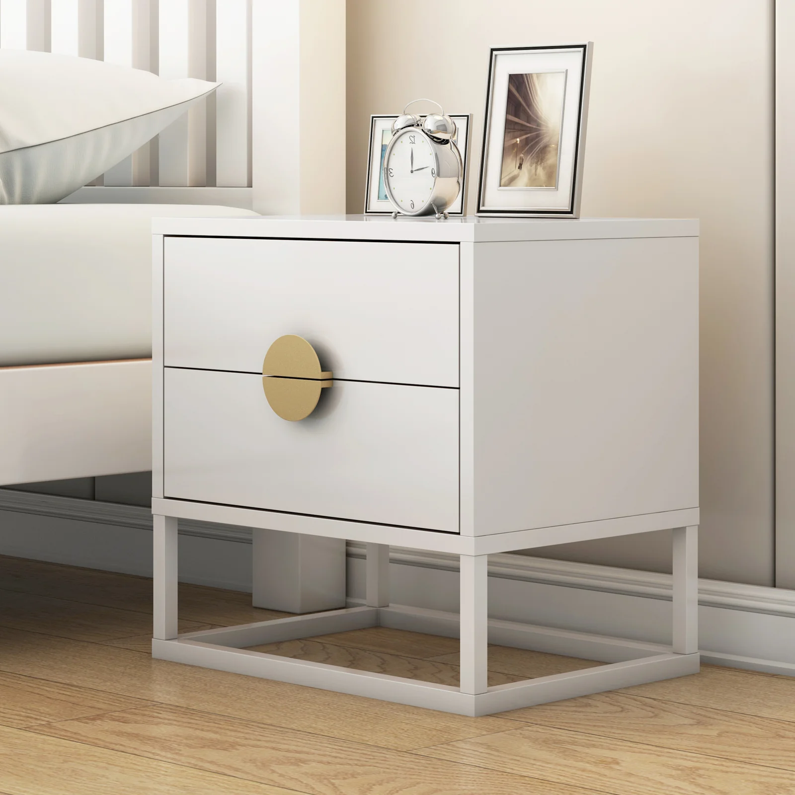 Abigail 55cm Bedside Table with Round Gold Handles in White - Image 2
