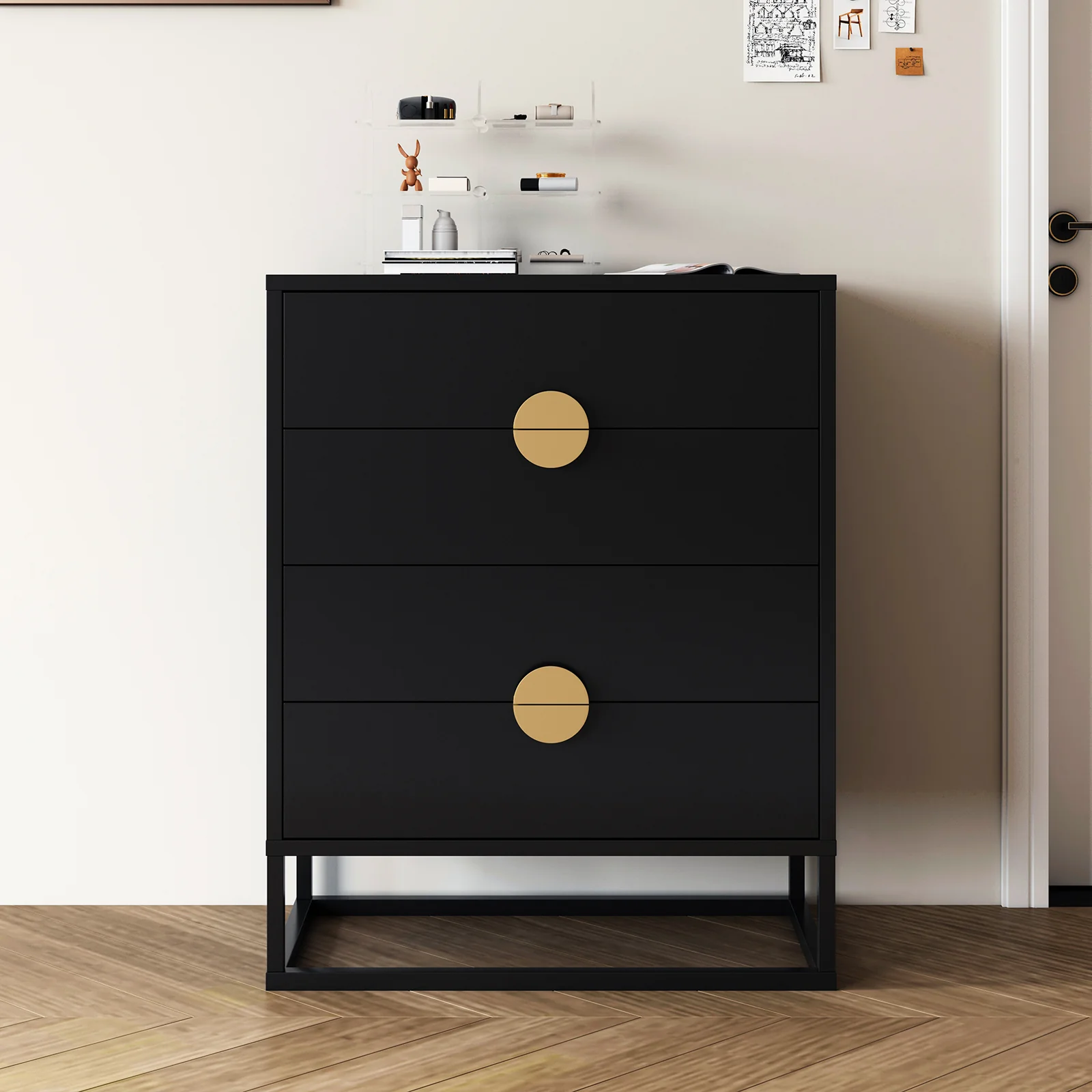 Abigail 76cm Tallboy Dresser with Round Gold Handles in Black - Image 4
