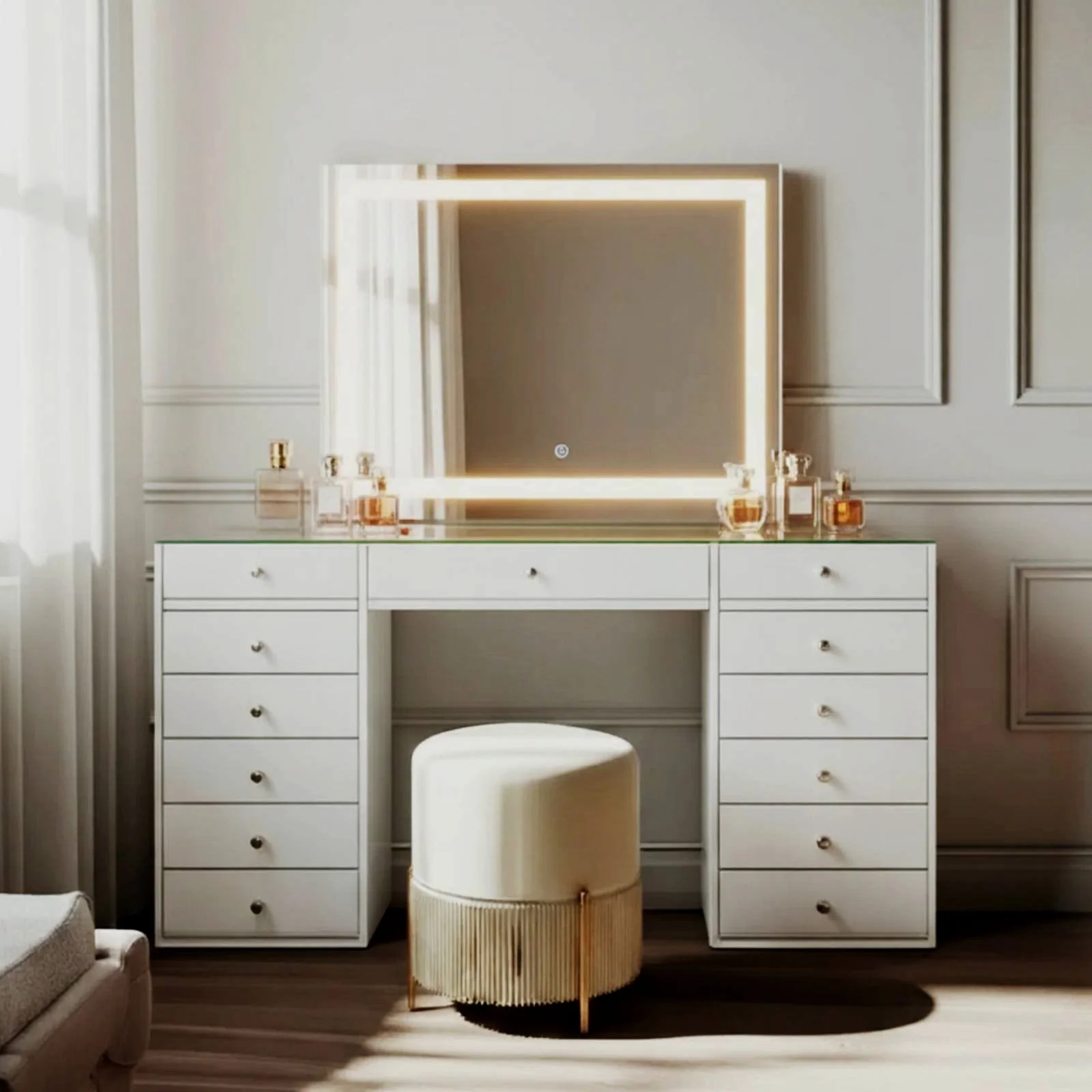 Adeline LED Mirror Storage Dressing Table in White - Image 3