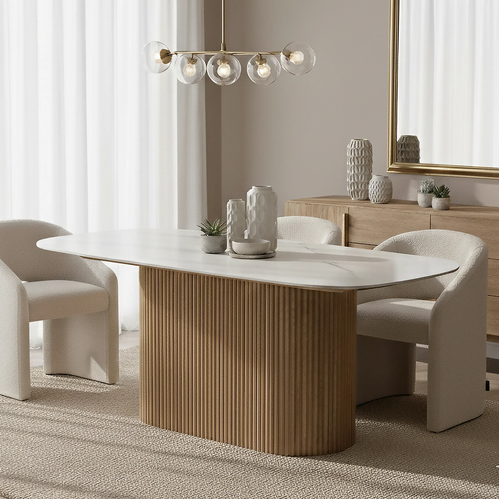 Aeris 180cm Marble Look Dining Table With Wood Base in Oak - Image 2