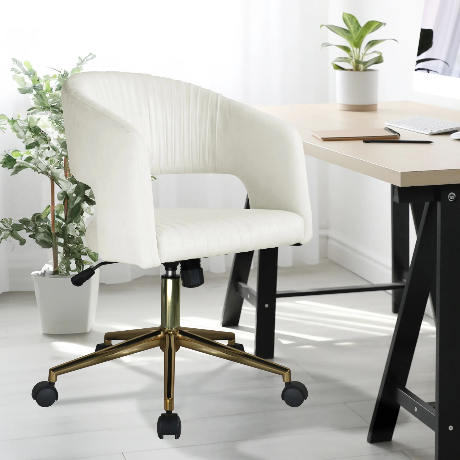 Afina Curved Swivel Velvet Office Chair in Cream White - Image 2