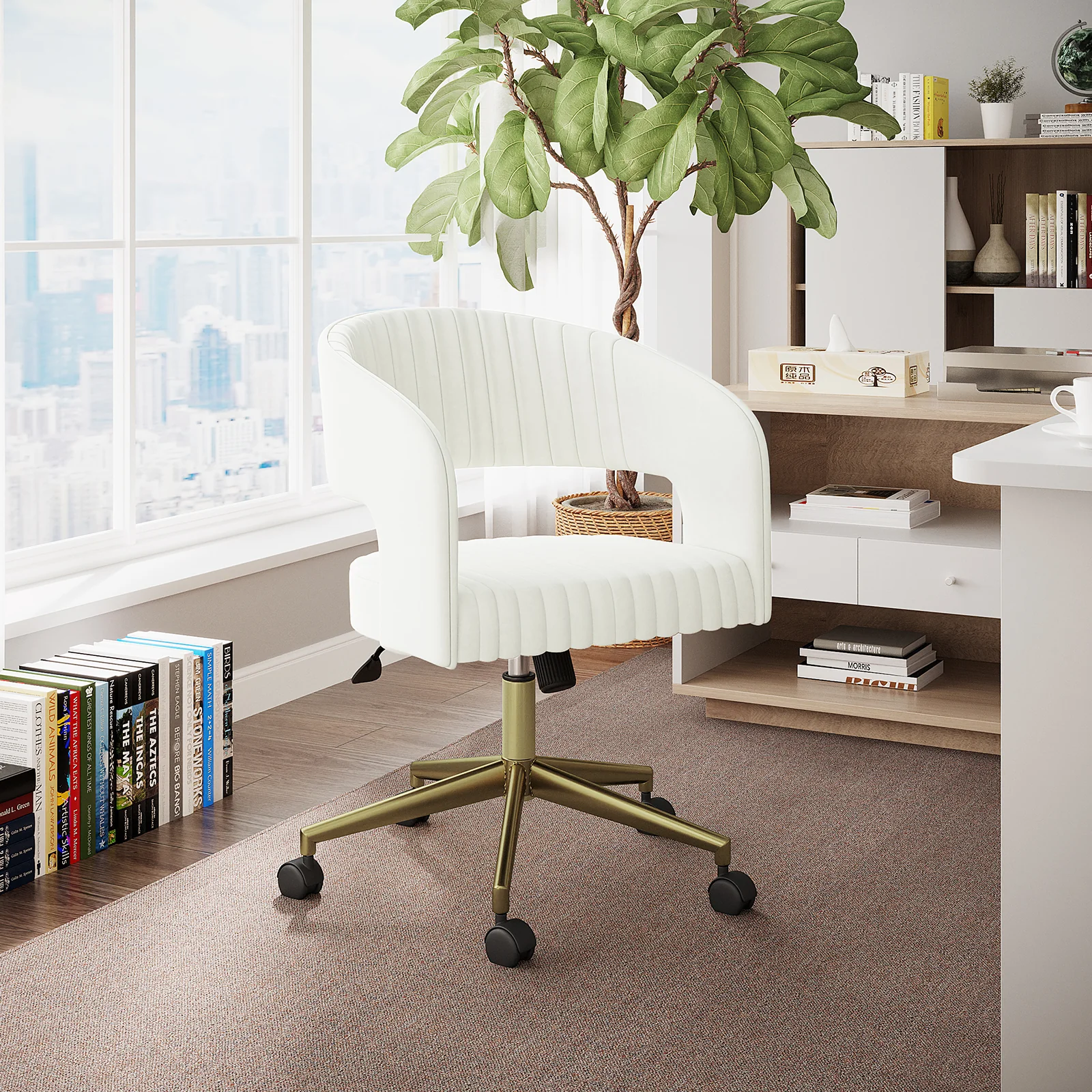 Afina Curved Swivel Velvet Office Chair in Cream White - Image 4