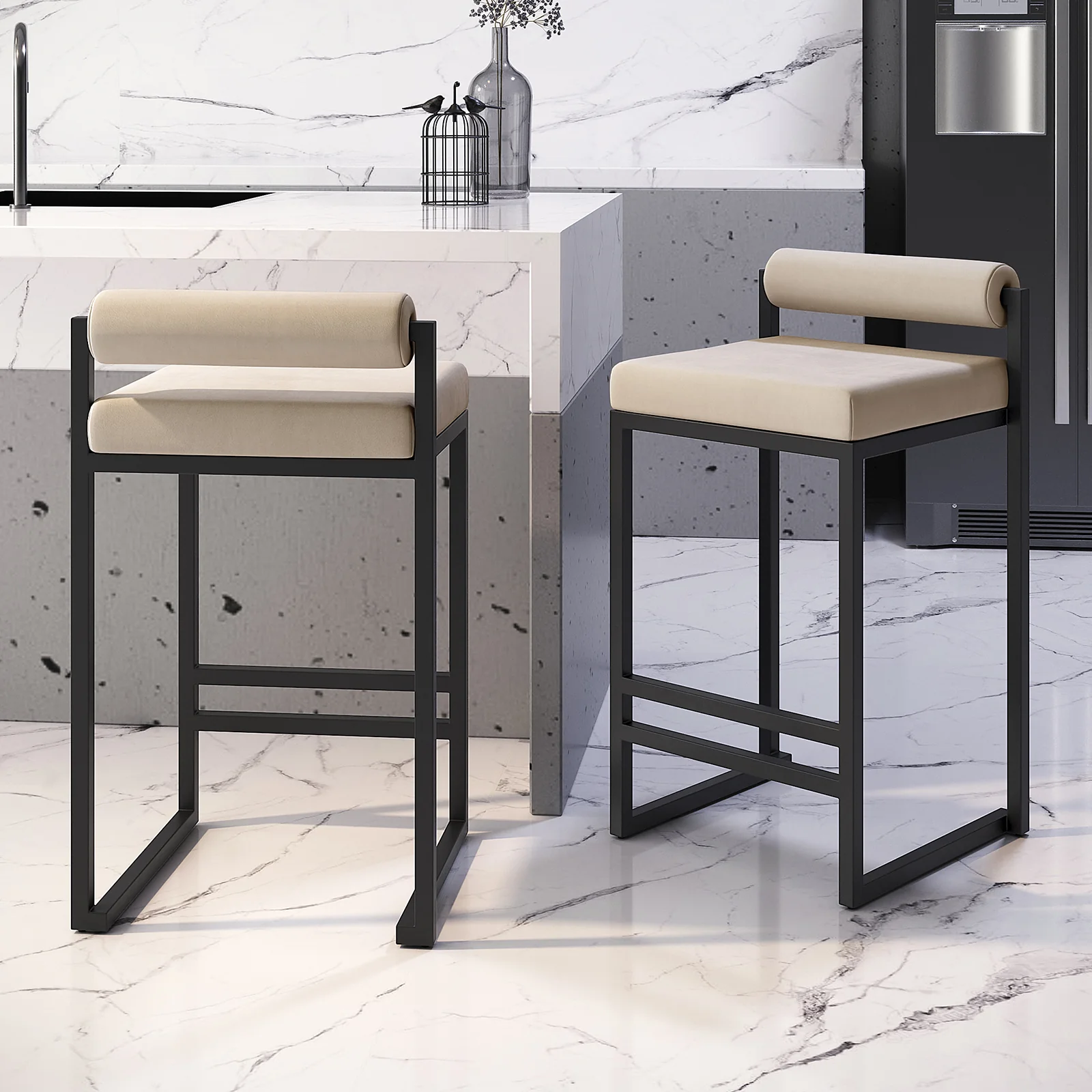 Aivy Velvet Fabric Bar Stool Set of 2 in Warm Grey - Image 2