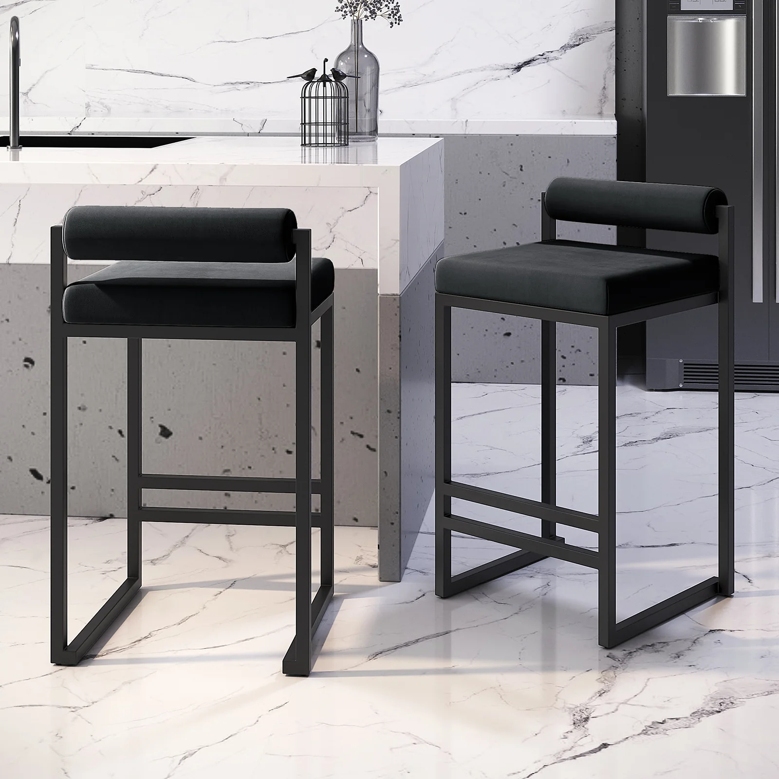 Aivy Velvet Fabric Bar Stool Set of 2 in Black - Image 2