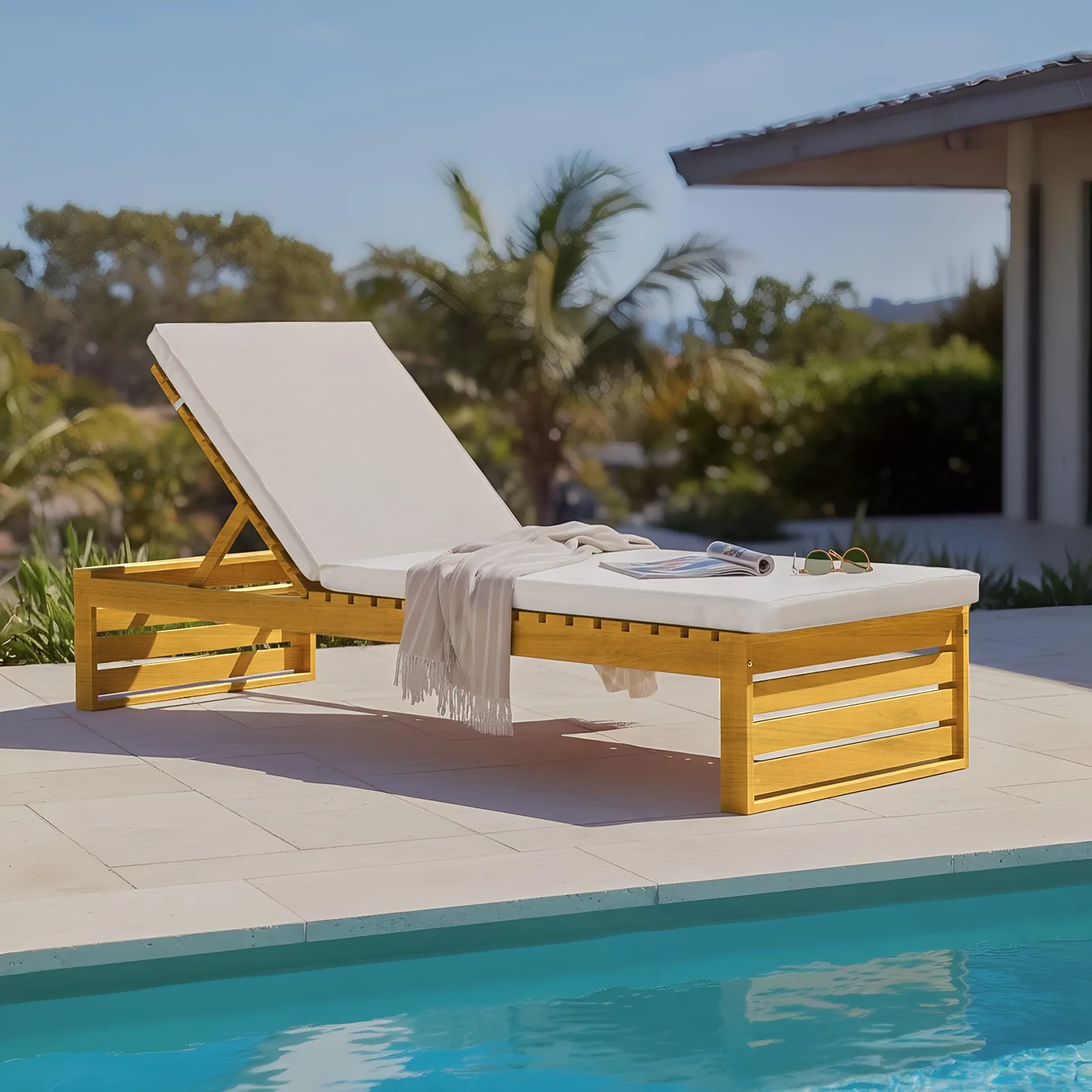 Alabat Acacia Wood Outdoor Sun Lounger with Cushion in Cream - Image 2
