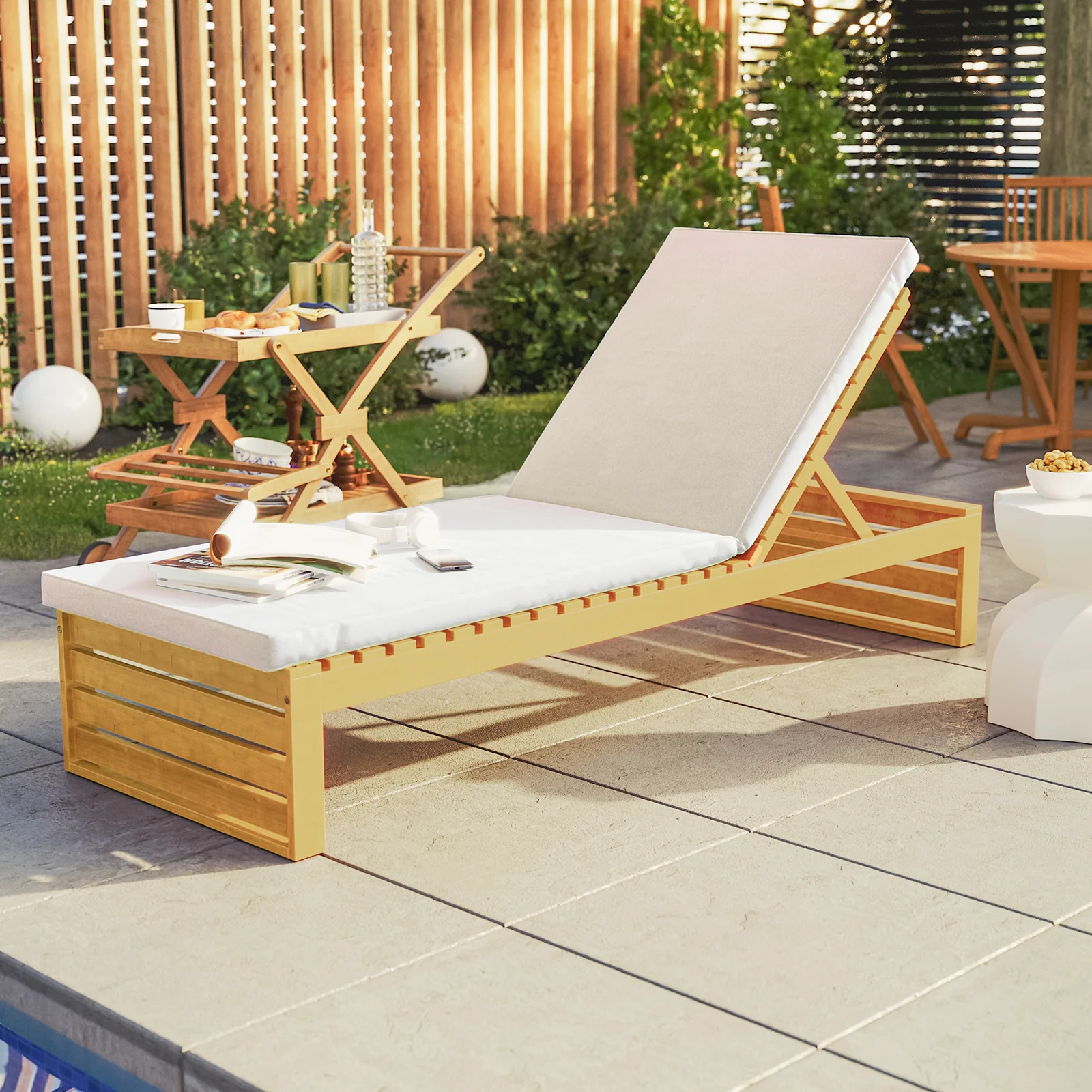 Alabat Acacia Wood Outdoor Sun Lounger with Cushion in Cream - Image 4