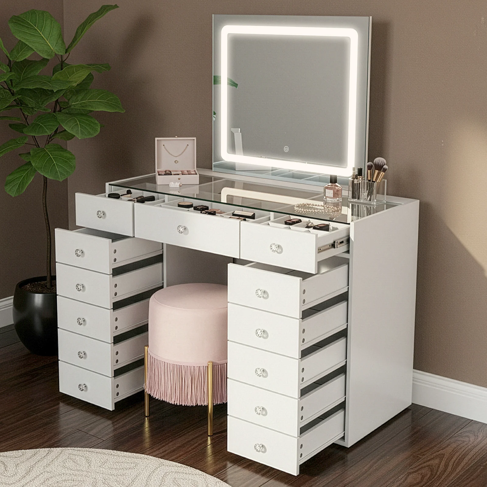 Amelie 13 Drawer Dressing Table with LED Mirror in White - Image 2