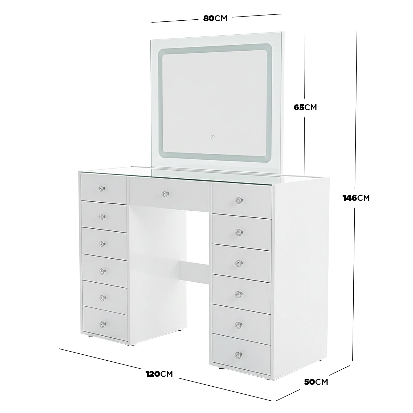 Amelie 13 Drawer Dressing Table with LED Mirror in White - Image 5