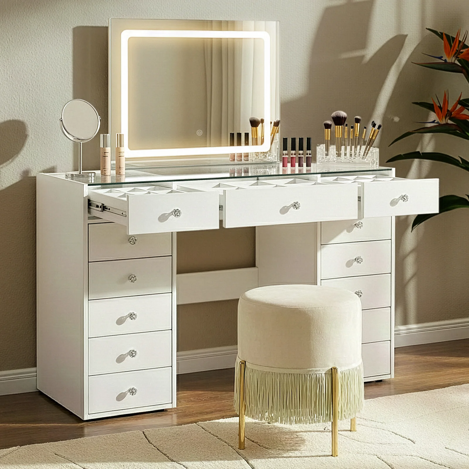 Amelie 13 Drawer Dressing Table with LED Mirror in White - Image 6
