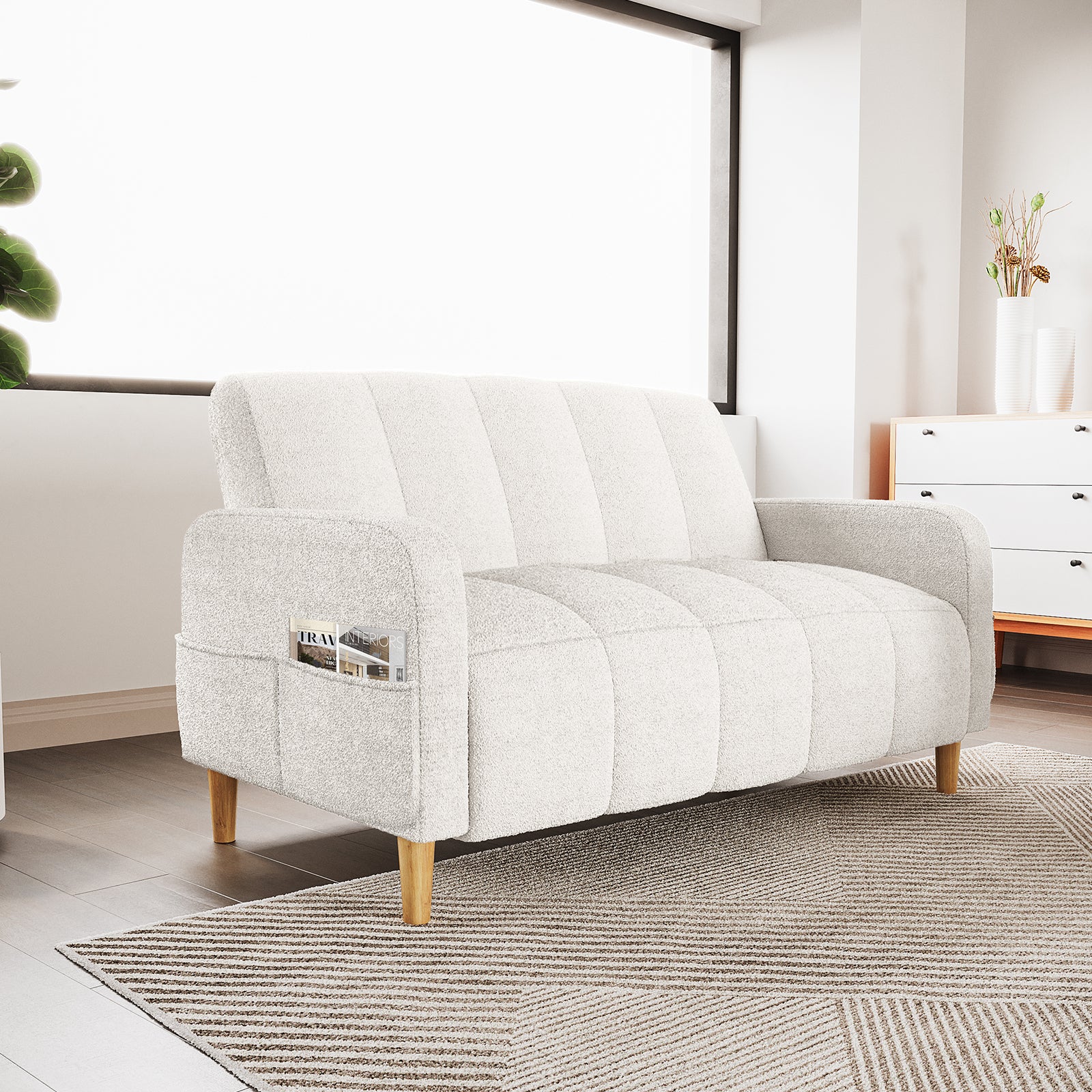 Anica 2 Seater Boucle Fabric Sofa Bed in Cream White - Image 2