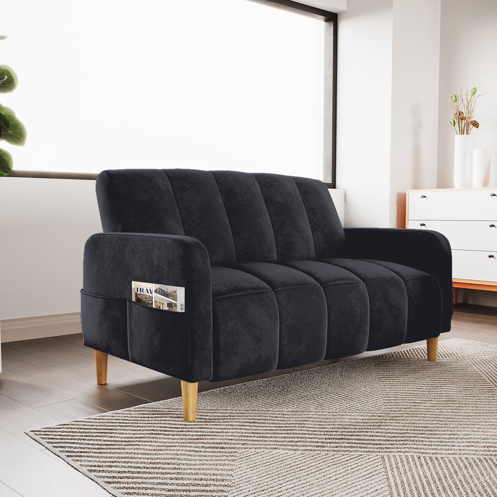 Anica 2 Seater Velvet Fabric Sofa Bed in Black - Image 2