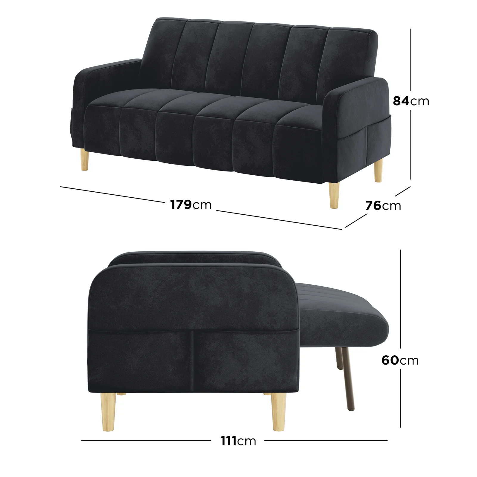Anica 3 Seater Velvet Sofa Bed in Black - Image 3