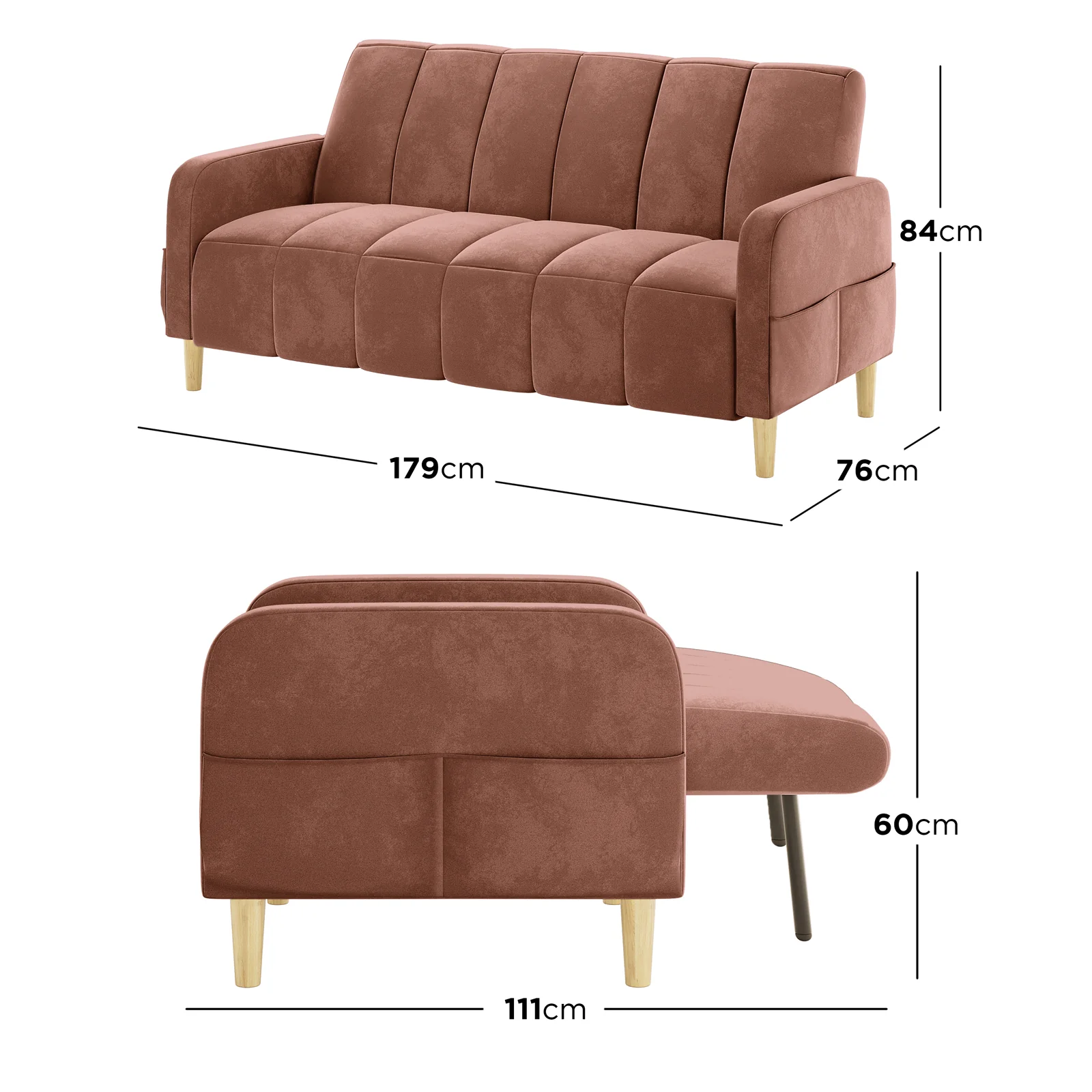 Anica 3 Seater Velvet Sofa Bed in Blush - Image 3