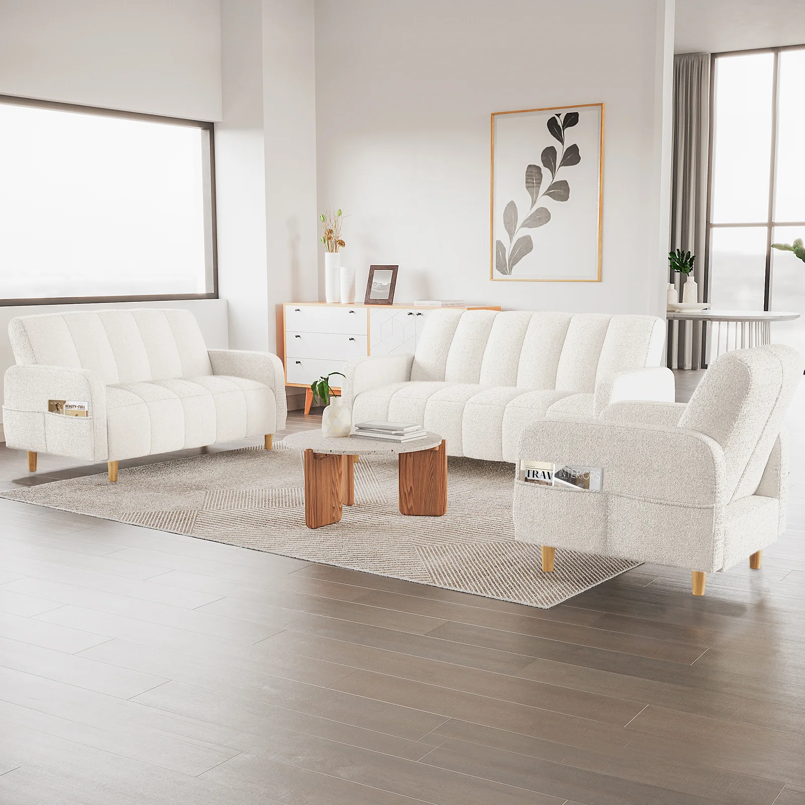 Anica 6 Seater Boucle Sofa Bed Set in Cream White - Image 2