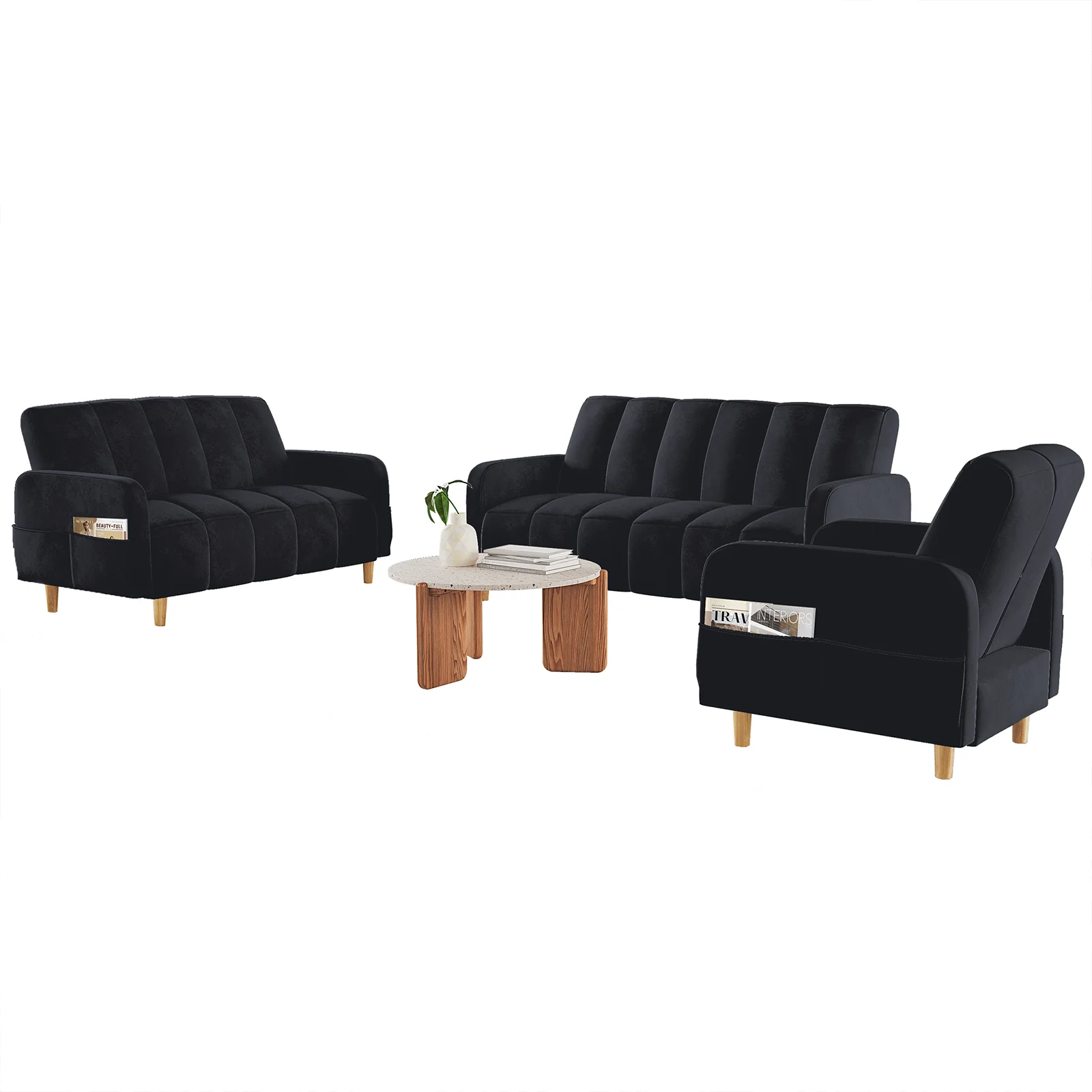 Anica 6 Seater Velvet Fabric Sofa Bed Set in Black