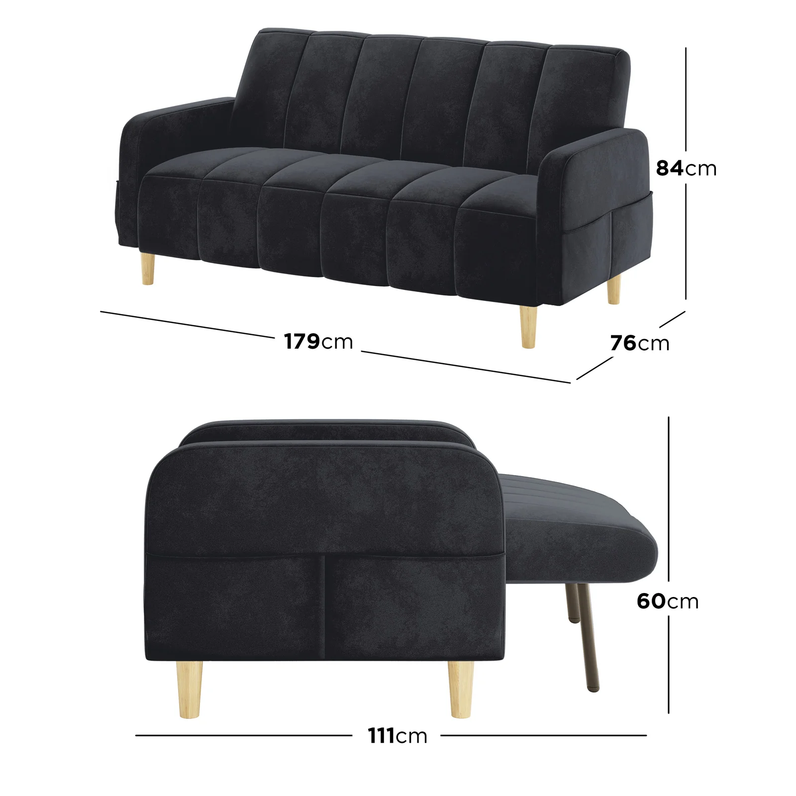 Anica 6 Seater Velvet Fabric Sofa Bed Set in Black - Image 3