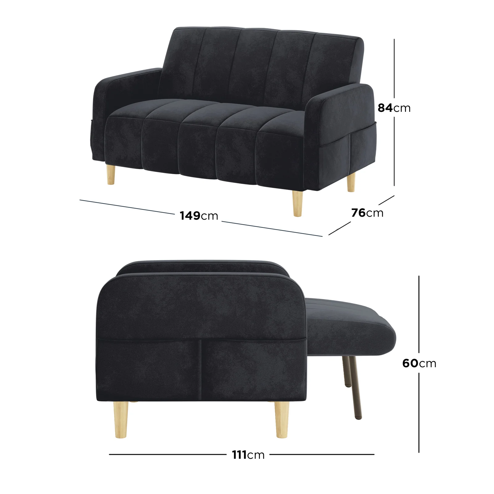 Anica 6 Seater Velvet Fabric Sofa Bed Set in Black - Image 4