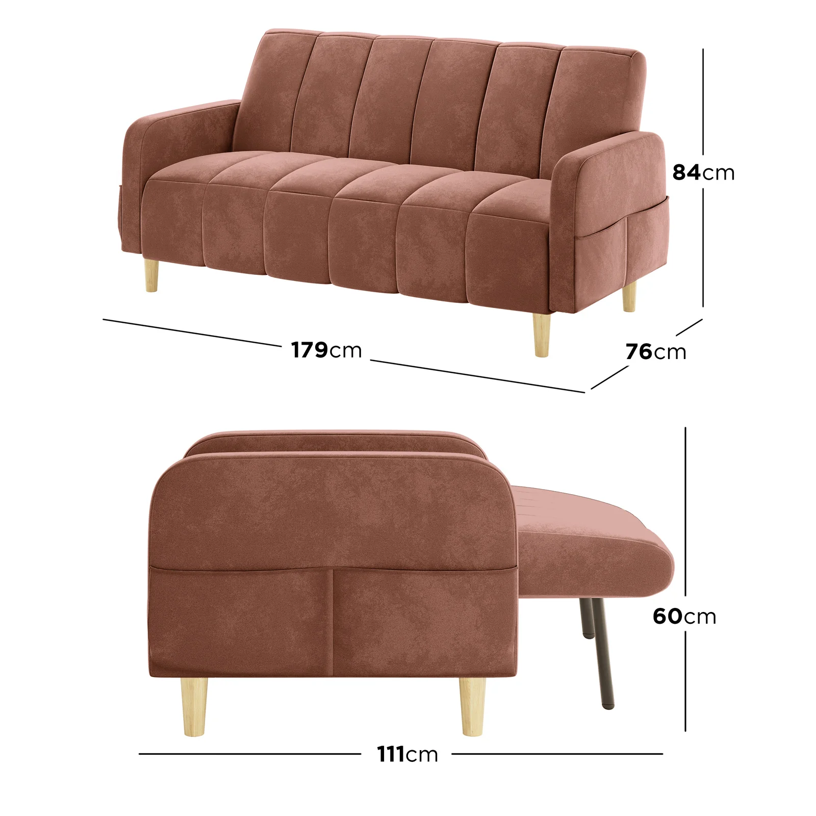 Anica 6 Seater Velvet Fabric Sofa Bed Set in Blush - Image 3