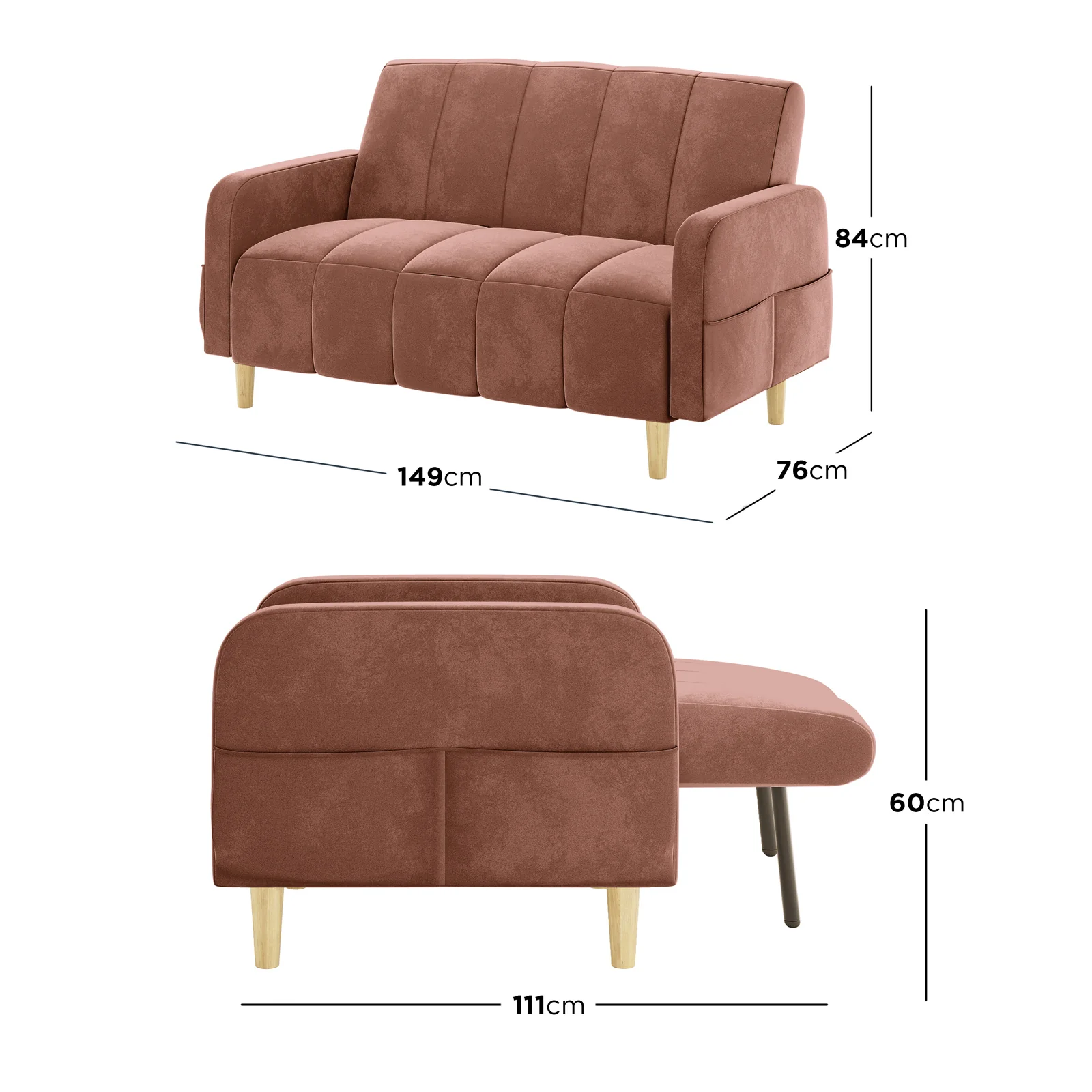 Anica 6 Seater Velvet Fabric Sofa Bed Set in Blush - Image 4