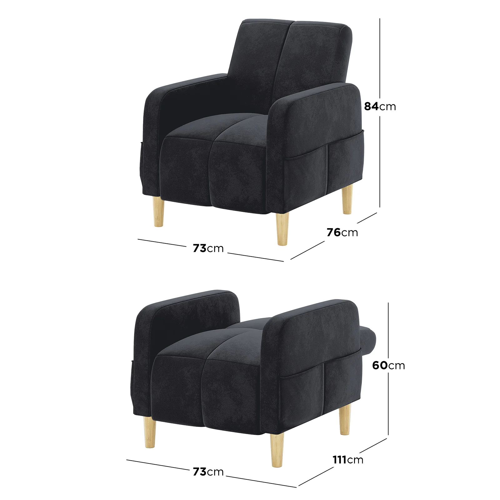 Anica Single Seater Velvet Sofa Chair in Black - Image 3