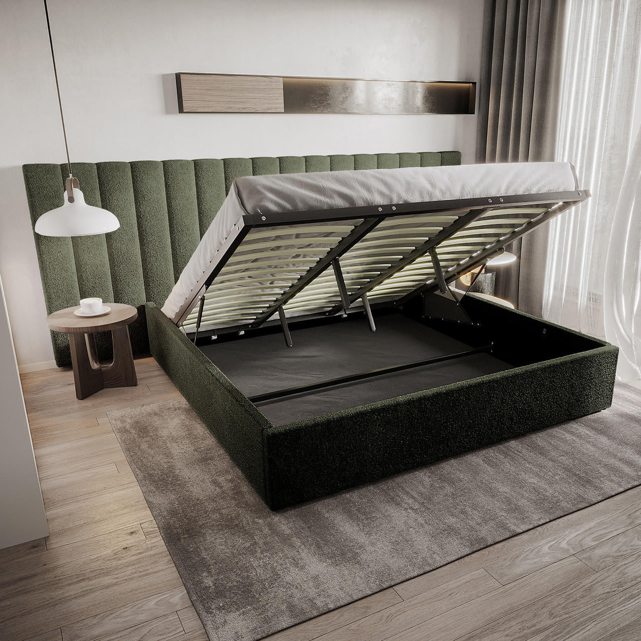 Aquila King Extra Wide Headboard & Fabia Gas-lift Storage Bed Base Set in Green - Image 2