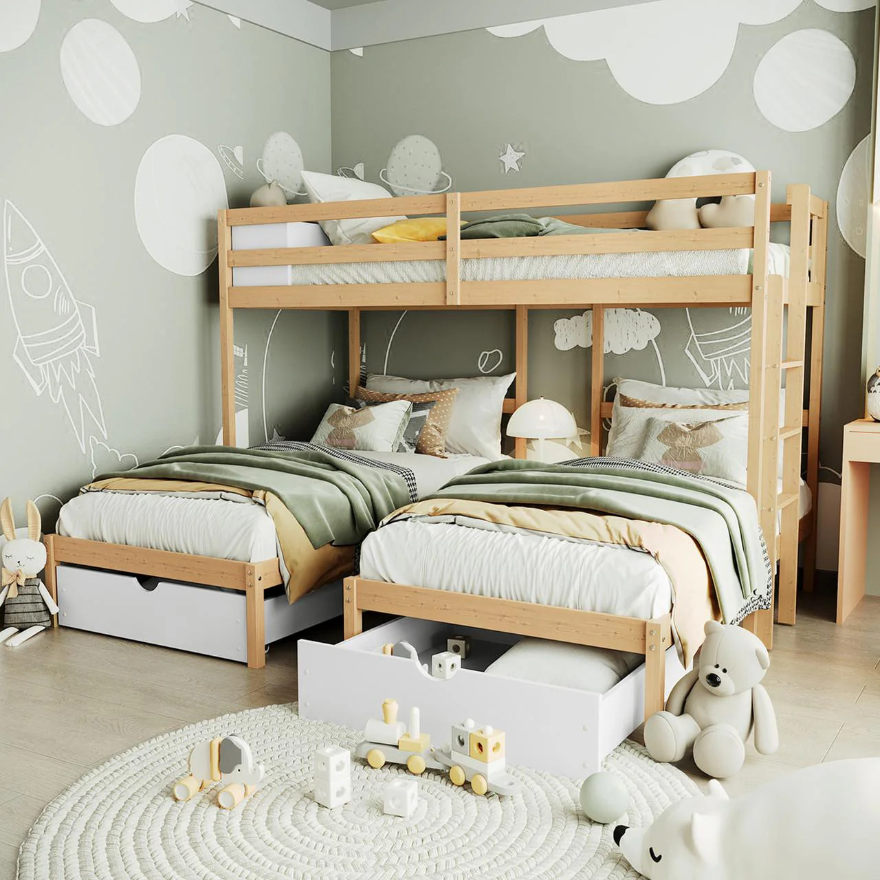 Aristos Triple Bunk Bed with Side Table in White & Natural - Image 2