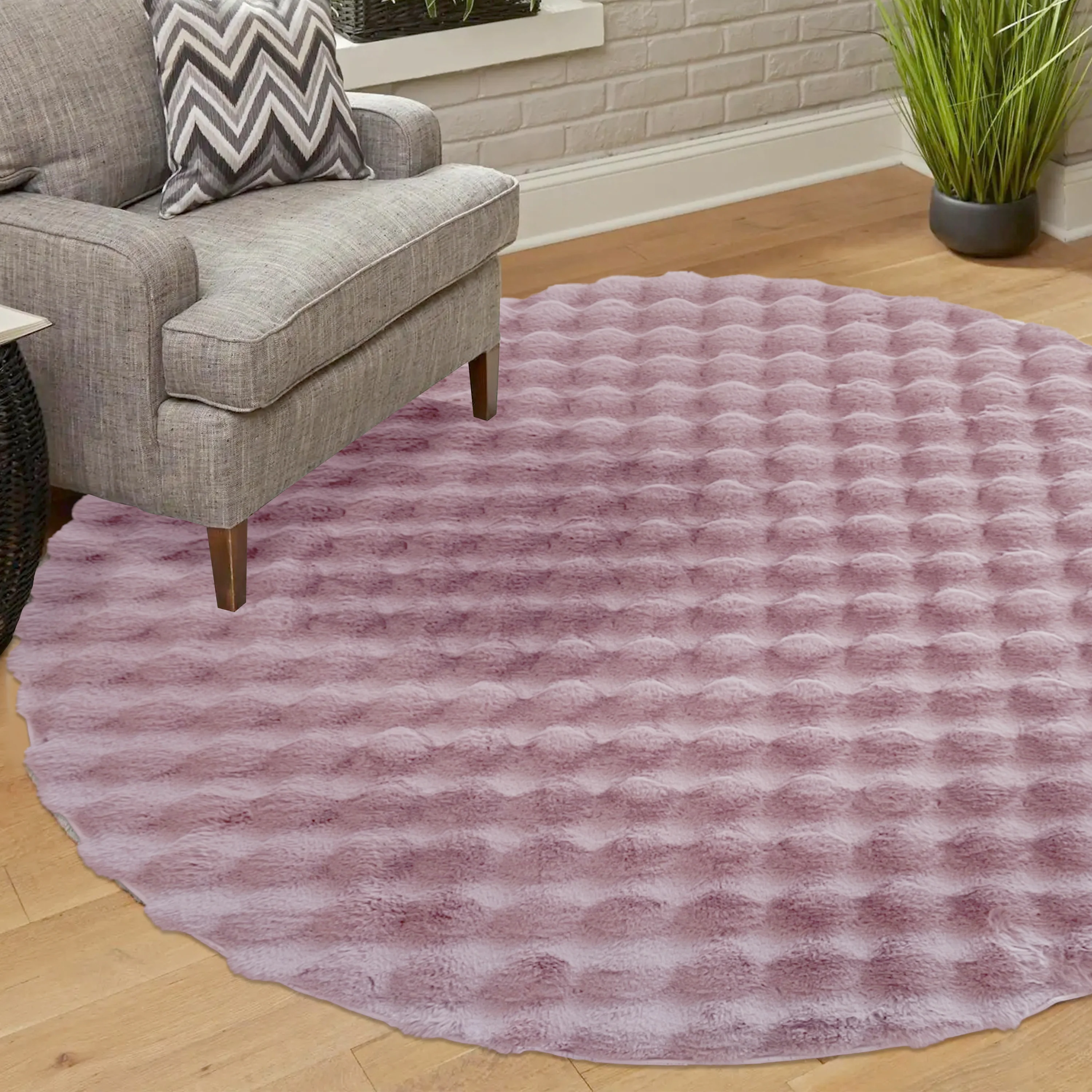 Armida 160cm Round Fluffy Faux Fur Bubble Rug in Dusty Pink - Image 2