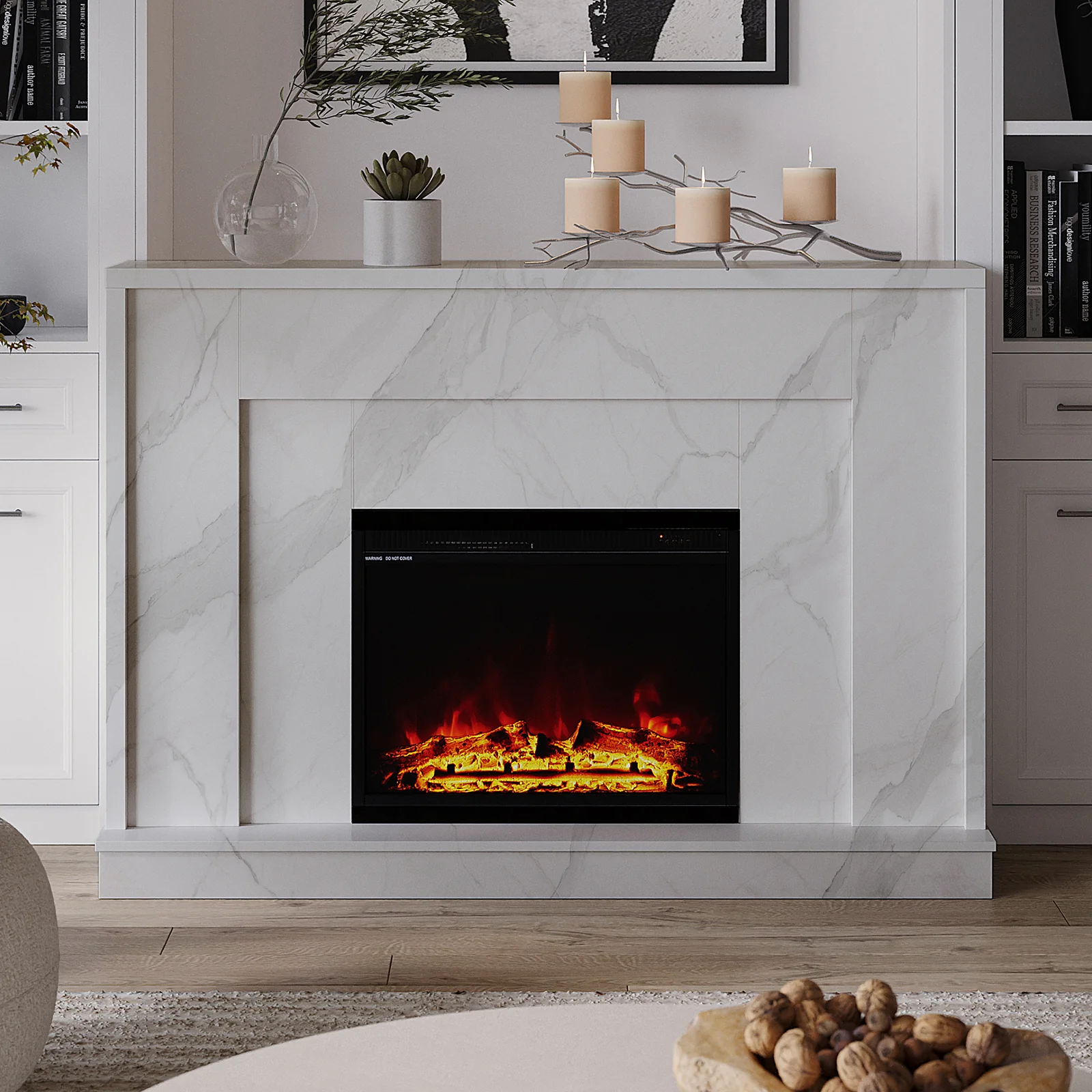 Armidale 132cm 1600W LED Electric Fireplace in White Marble - Image 2