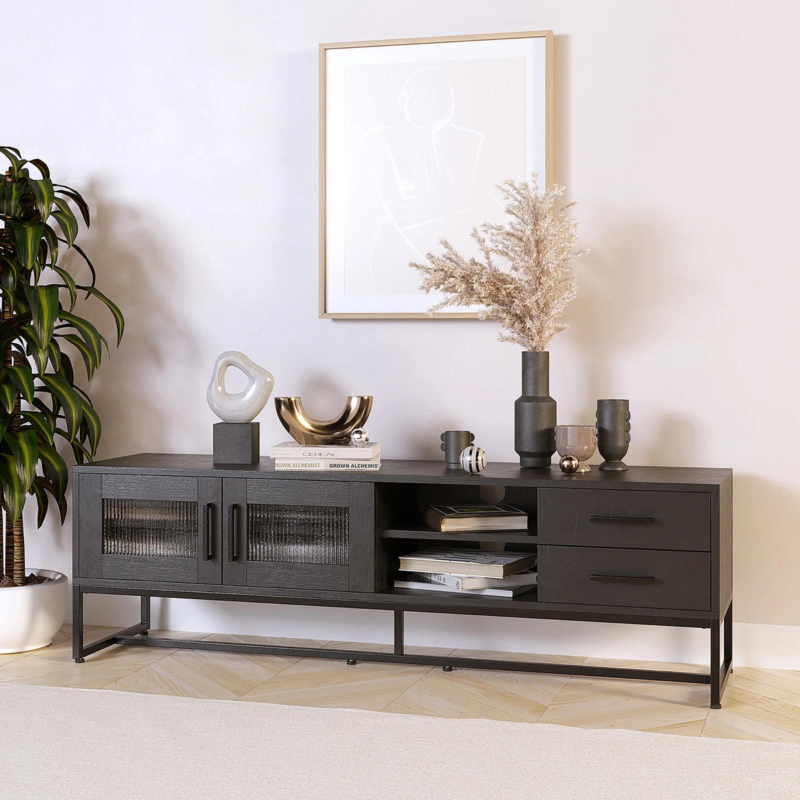Ashley 160cm Fluted Glass Entertainment TV Unit in Black - Image 2