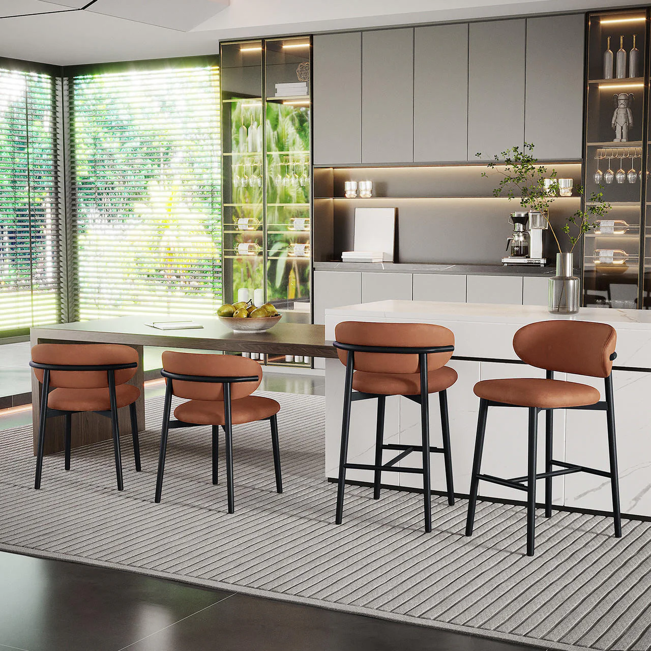 Audrey Curved Bar Stool & Dining Chair Set of 4 in Tan - Image 2