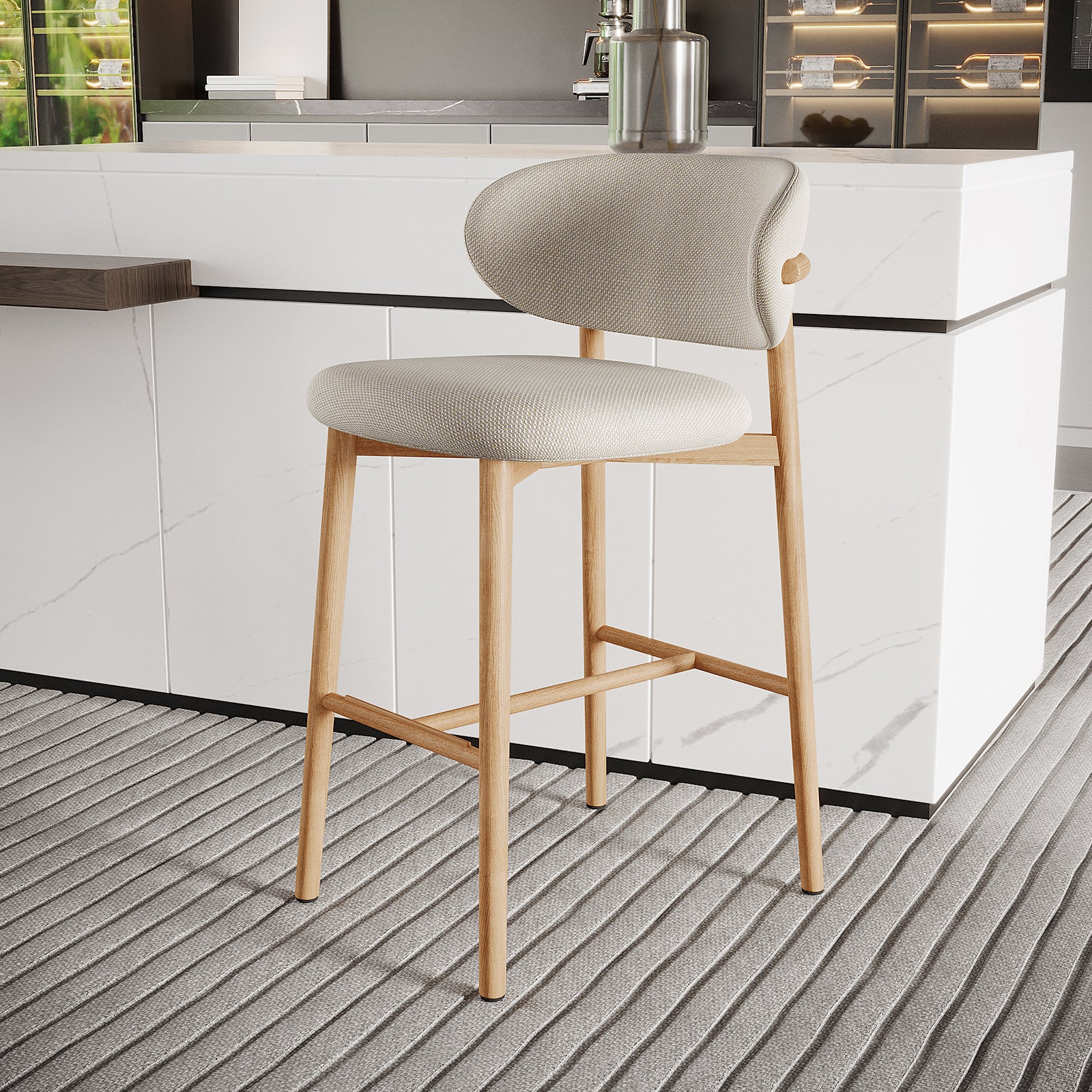 Audrey Curved Linen Barstool Set of 2 in Beige - Image 4