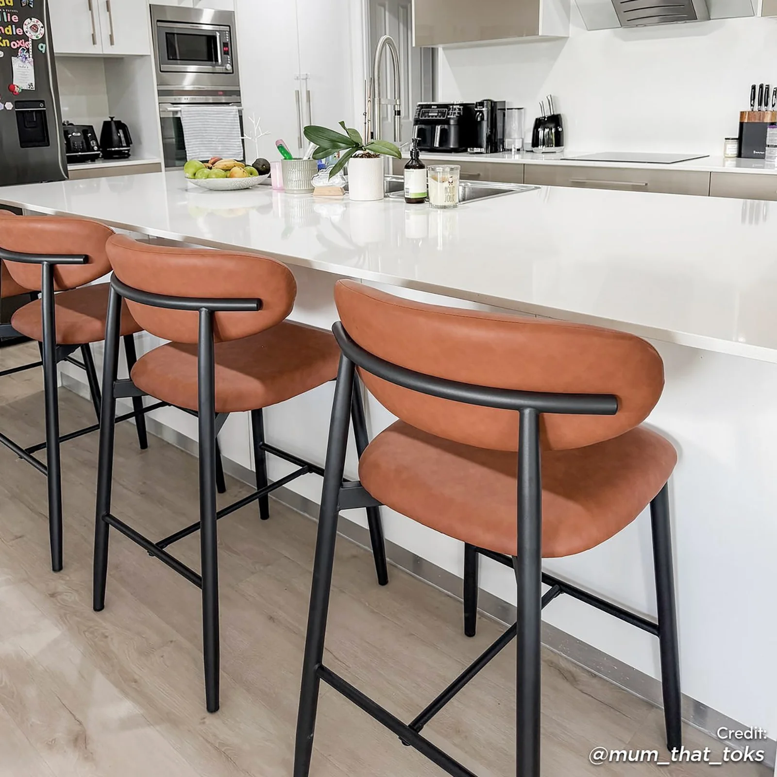Audrey Curved PU Leather Barstool Set of 2 in Tan - Image 5