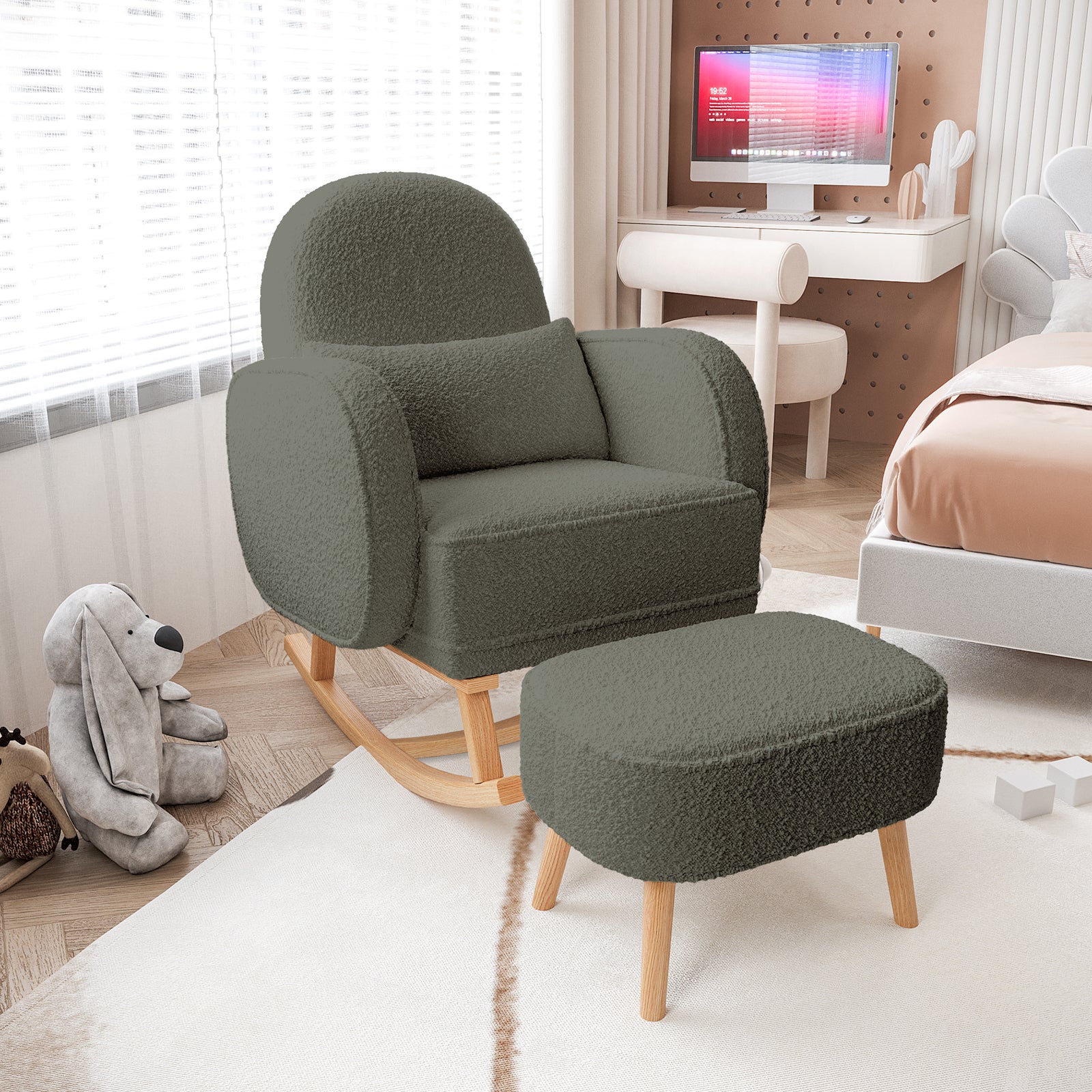 Aura Boucle Rocking Chair with Ottoman in Green - Image 2