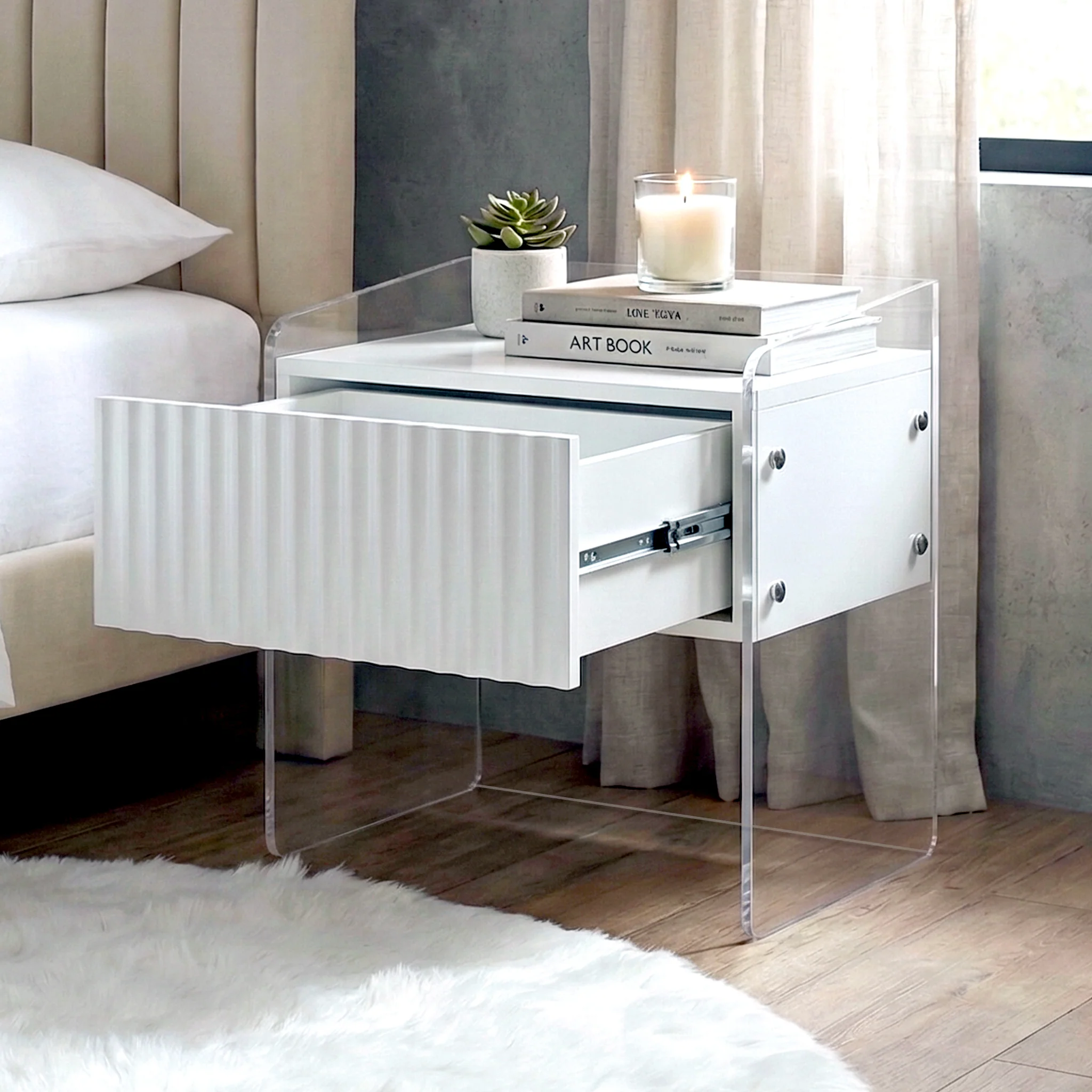 Aurea Fluted Acrylic Bedside Table in White - Image 4