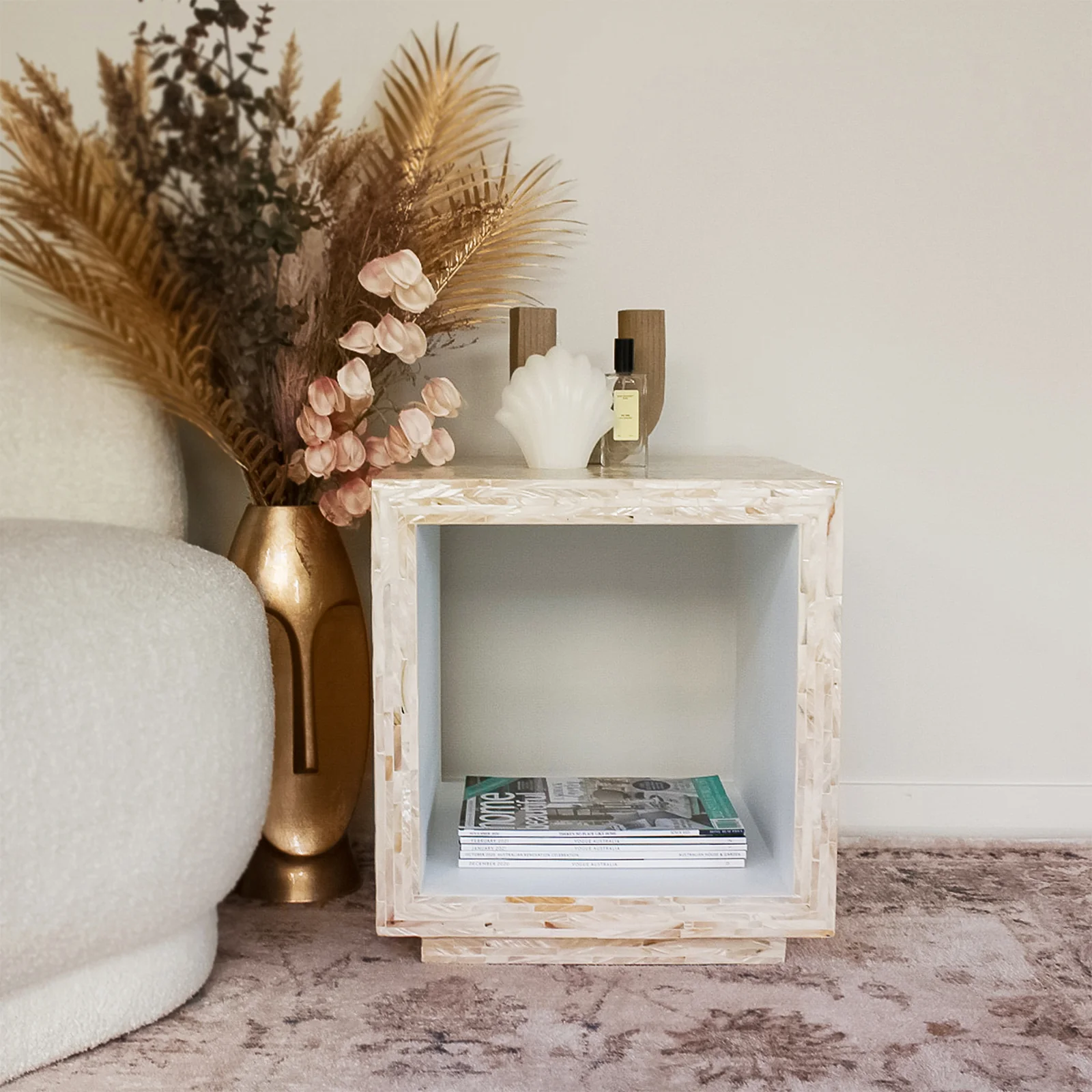 Aurora 42cm Mother of Pearl Inlay Side Table in Stripe Beige - Image 2