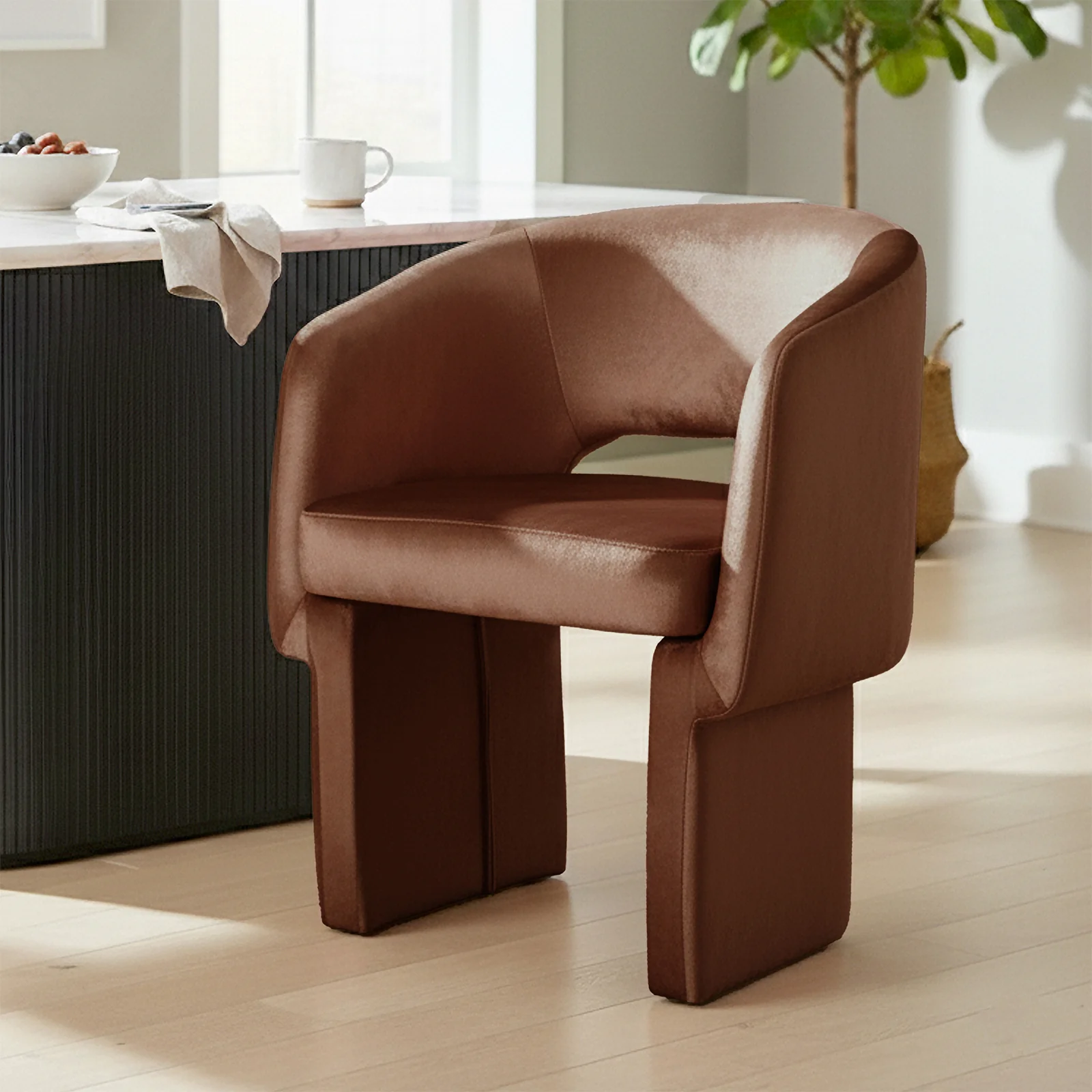Avela Velvet Fabric Curved Accent Armchair in Mocha Mousse - Image 2