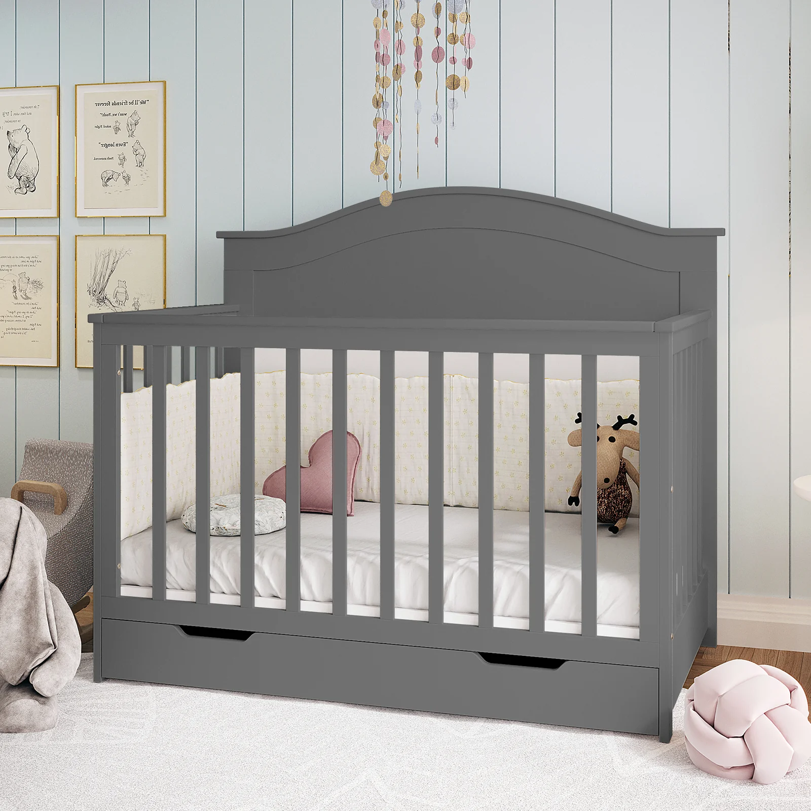 Azeem 3-in-1 Adjustable Solid Pine Baby Cot in Grey - Image 2
