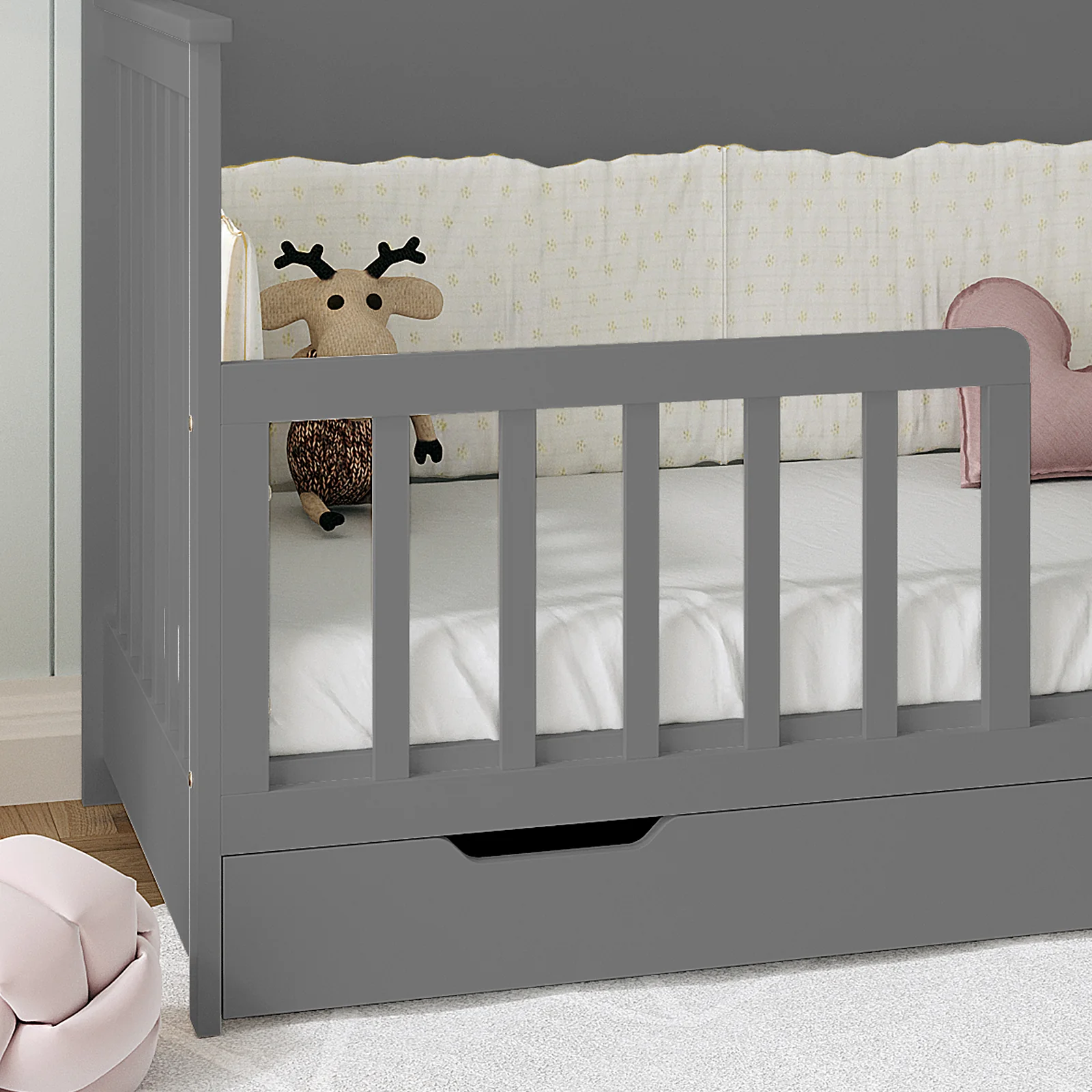 Azeem & Giro Solid Pine Convertible Cot Set in Grey - Image 5