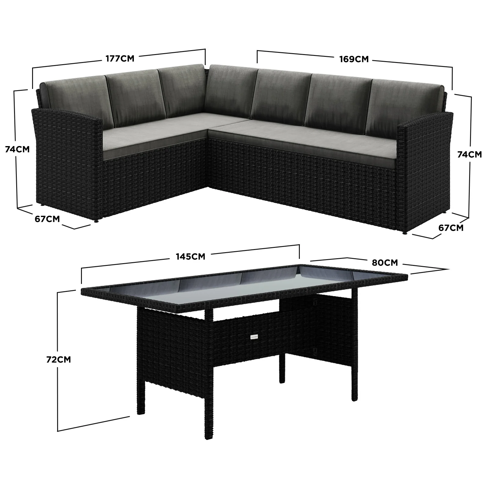 Ballena 6 Seater Black Wicker Outdoor Dining Set in Dark Grey - Image 3