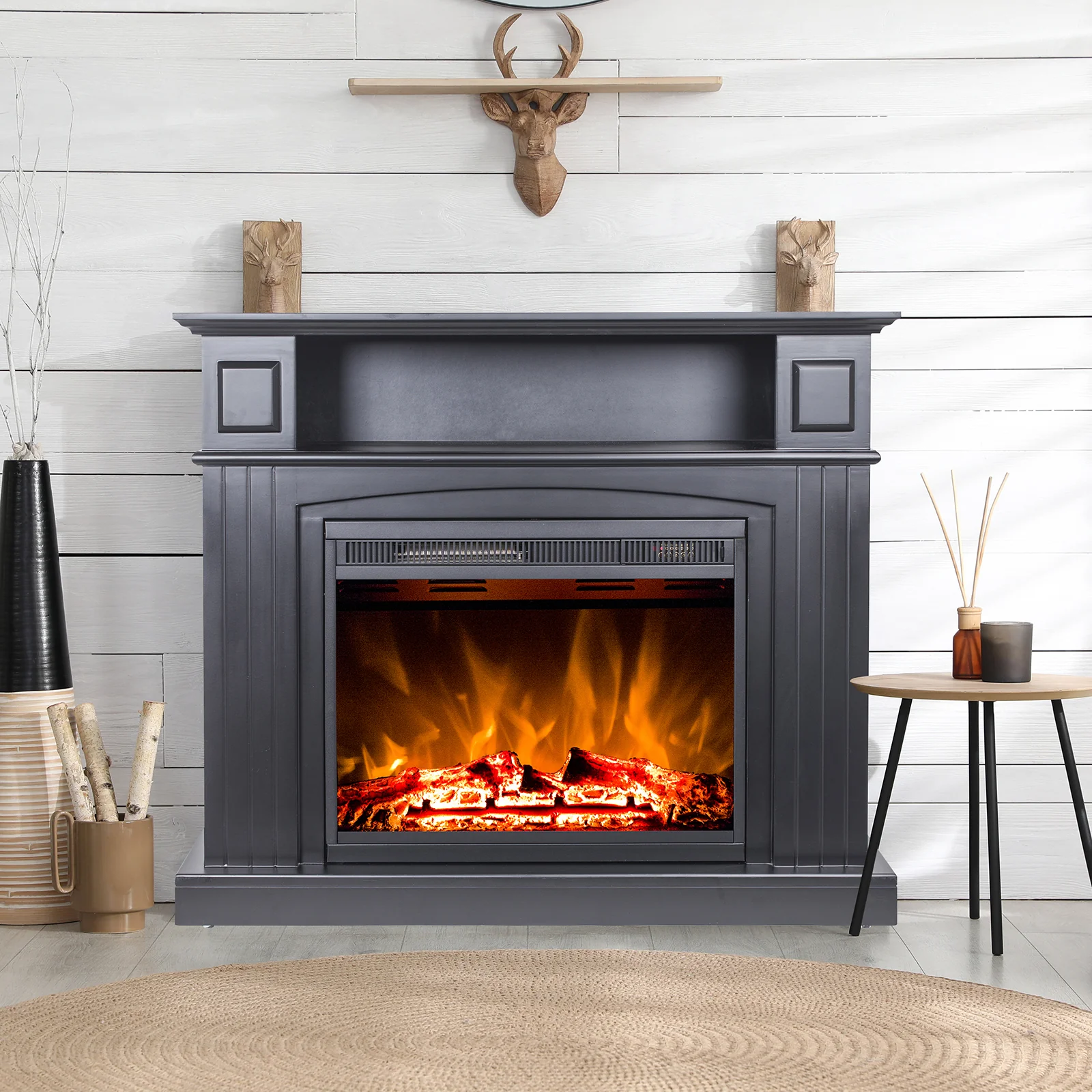 Banhi 1500W Electric Fireplace Heater with Mantel in Black - Image 2