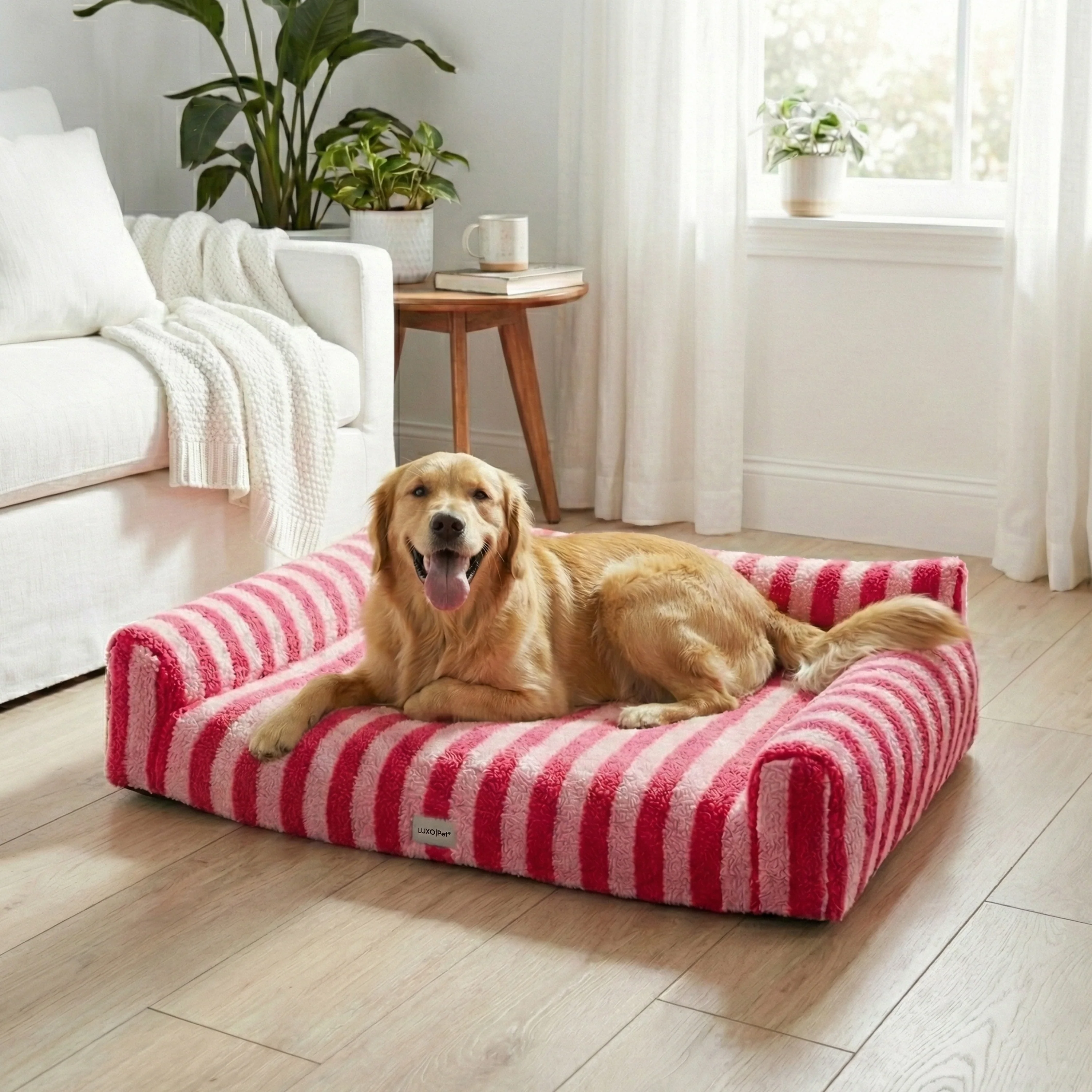 Barnaby Large Orthopaedic Boucle Dog Bed in Pink Stripes - Image 2