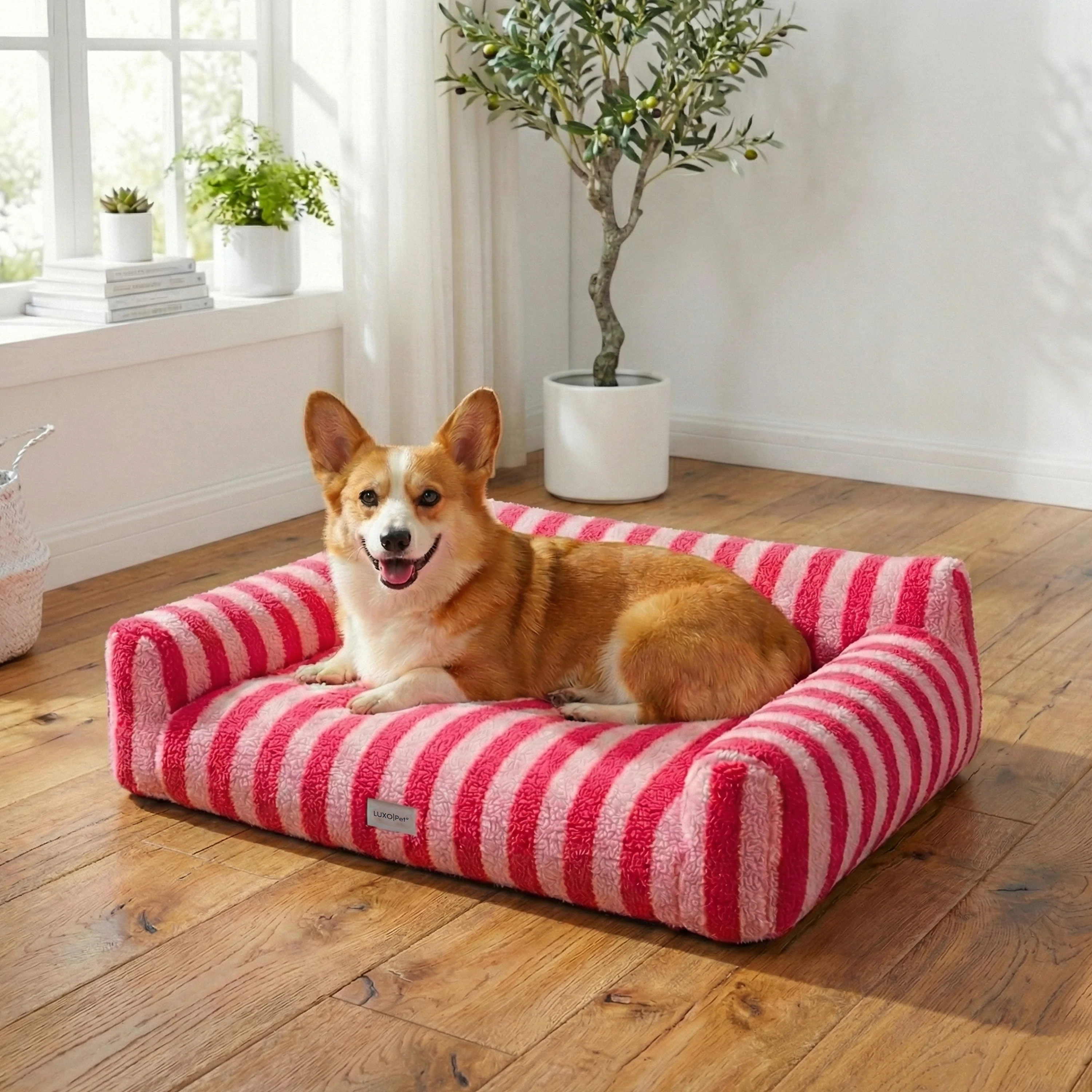 Barnaby Medium Orthopaedic Boucle Dog Bed in Pink Stripes - Image 2