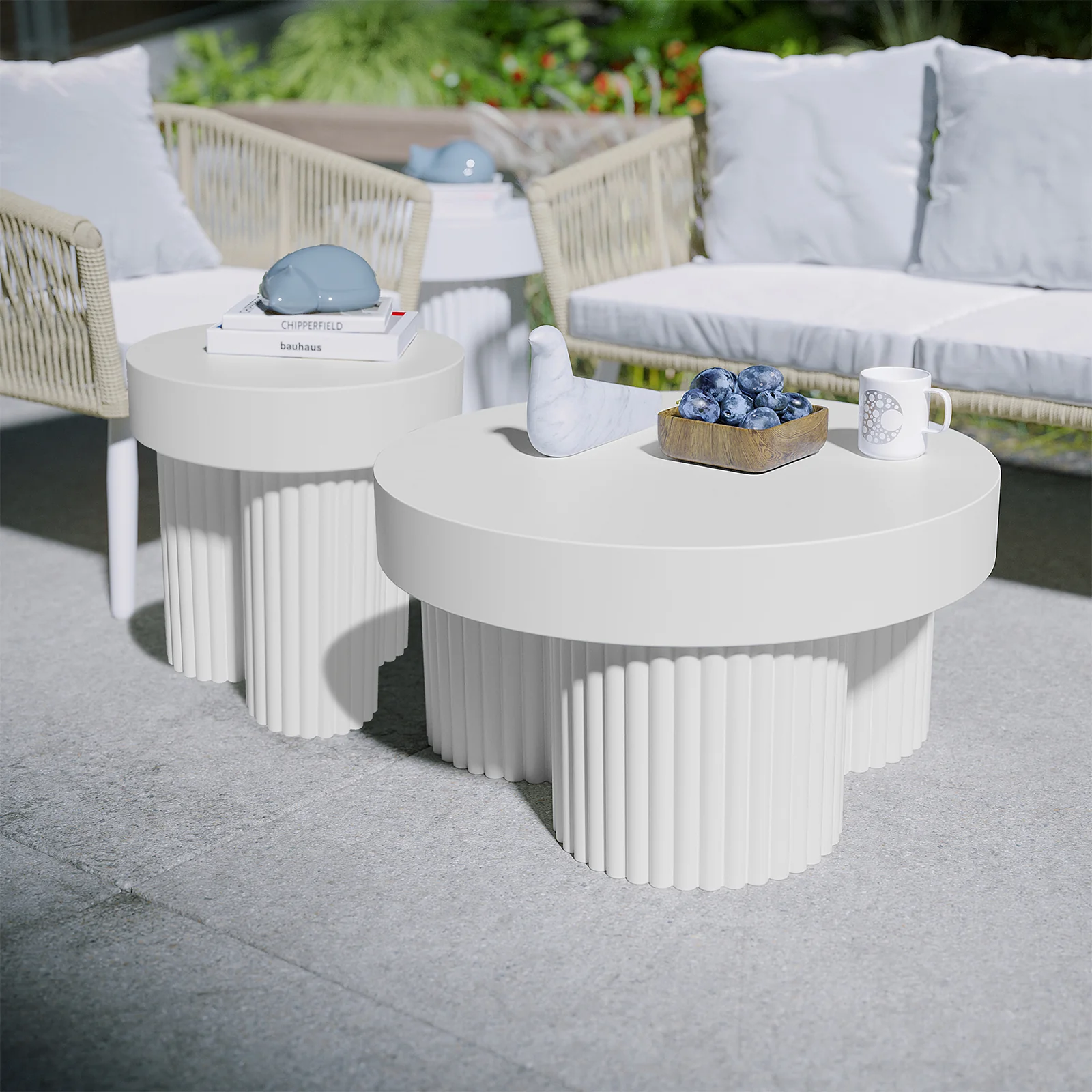 Basalt & Salvo Outdoor Concrete Coffee Table Set in White - Image 2