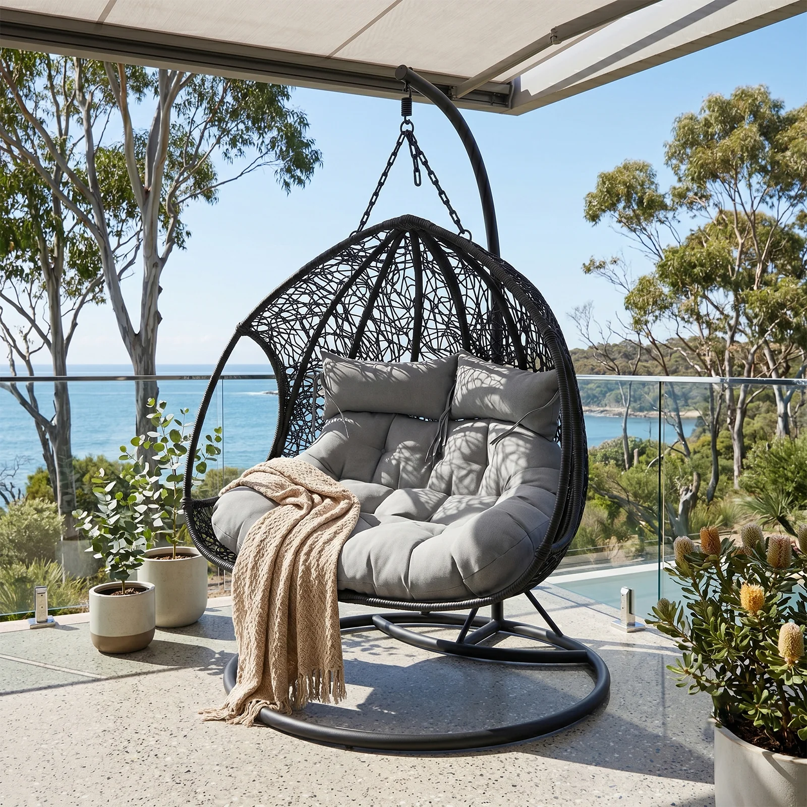 Basin 2-Seater Hanging Egg Chair with Cushion in Black - Image 2