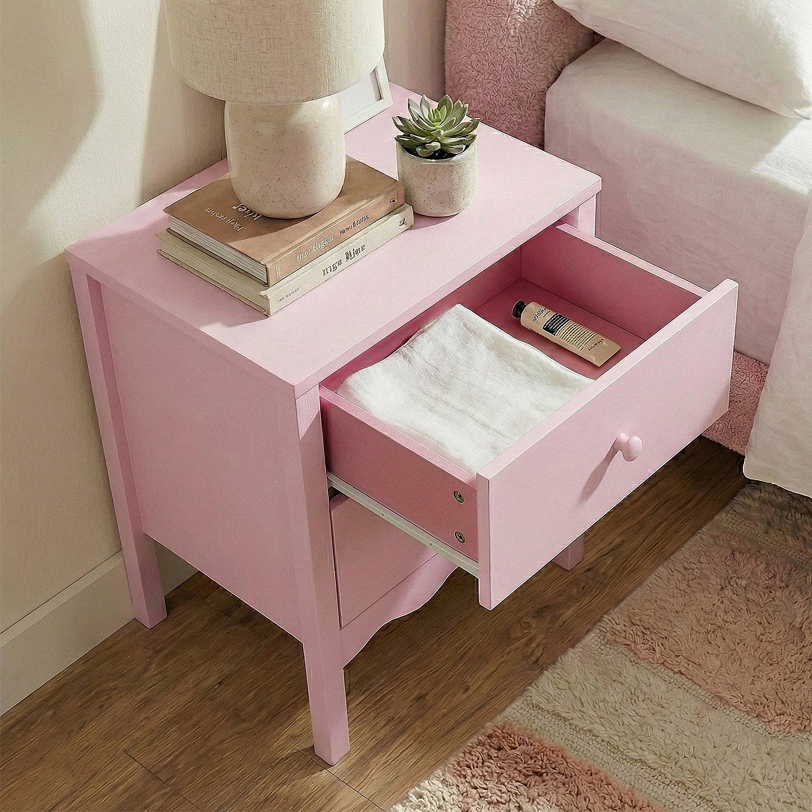 Bellea 45cm Pine Two Drawer Bedside Table in Pink - Image 2